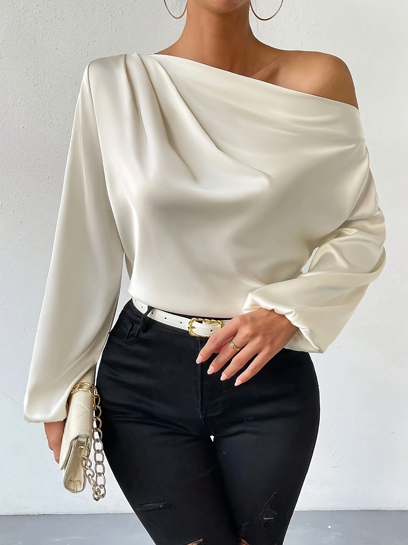 solid one shoulder skew neck blouse elegant long sleeve blouse for spring fall womens clothing details 2