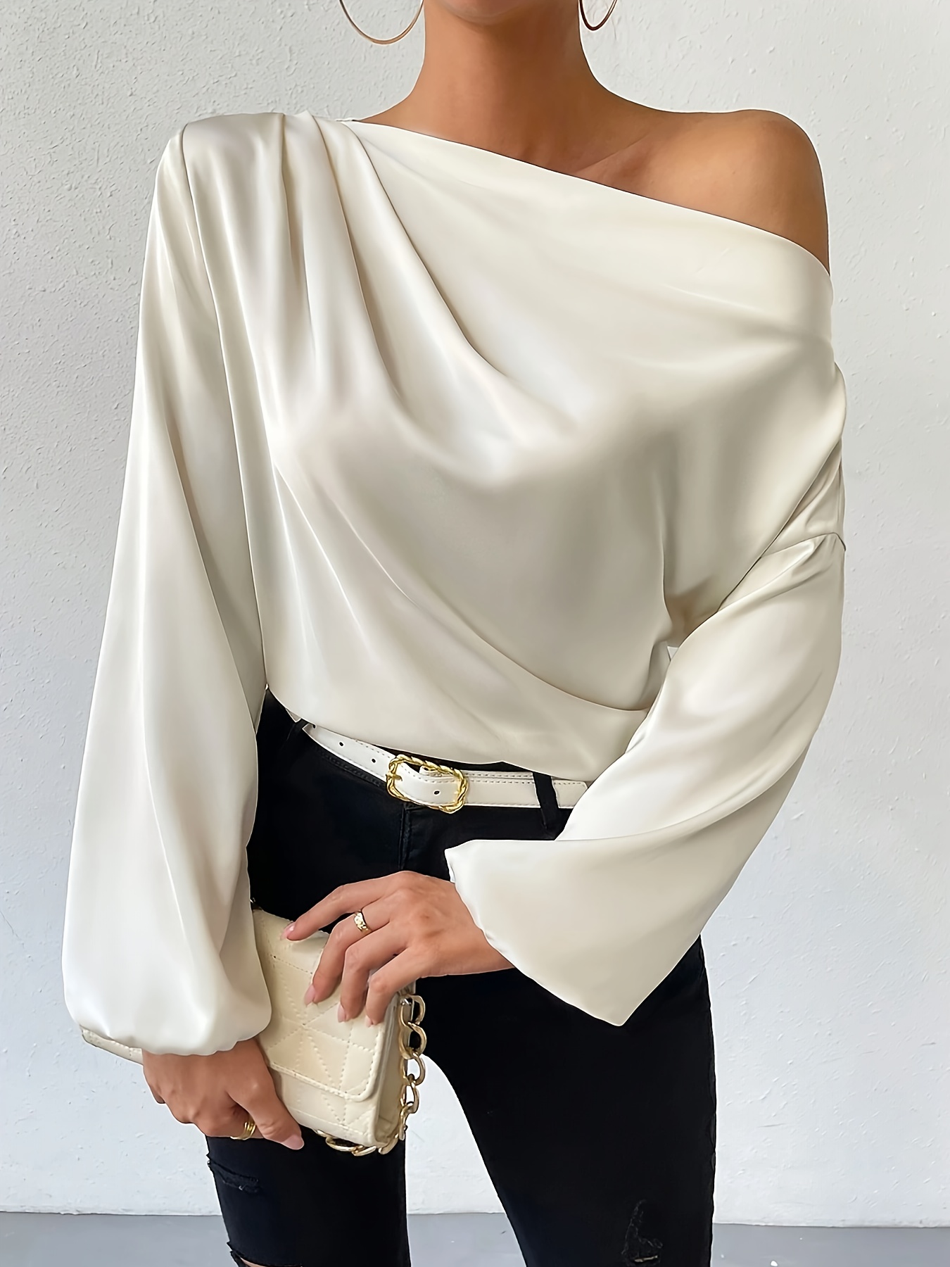 solid one shoulder skew neck blouse elegant long sleeve blouse for spring fall womens clothing details 4