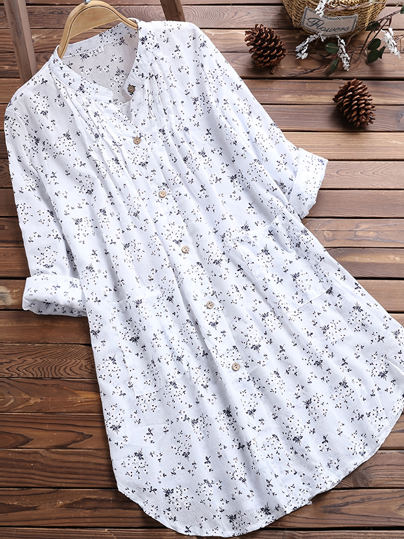 floral print pleated v neck long blouses, floral print pleated v neck long blouses casual loose button down long sleeve fashion long shirts tops womens clothing details 1