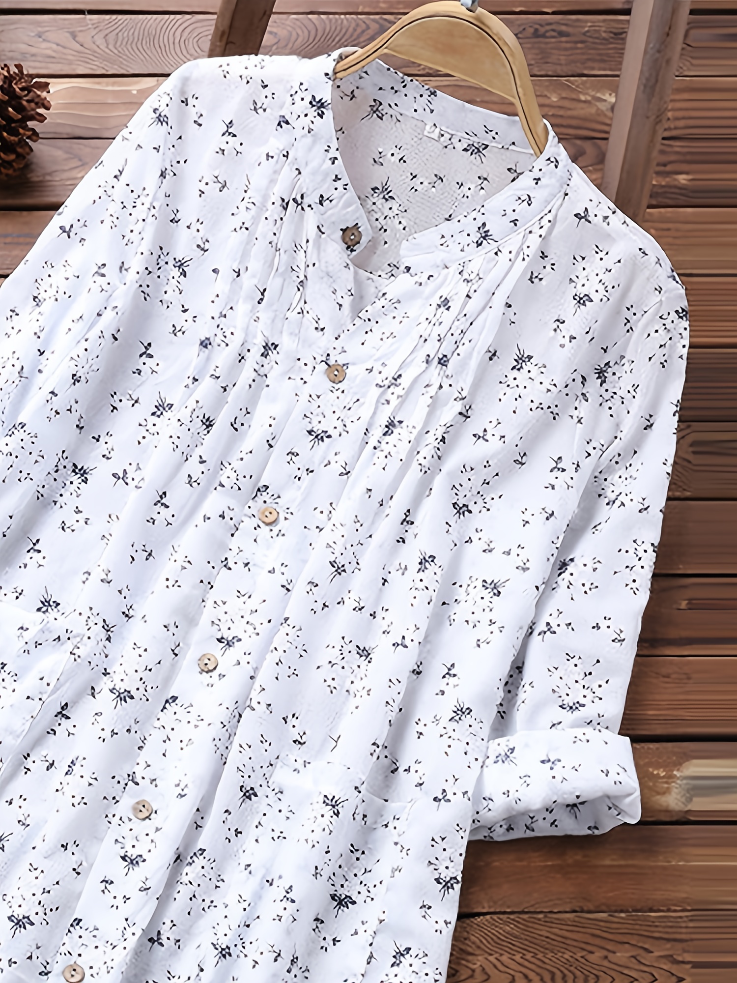 floral print pleated v neck long blouses, floral print pleated v neck long blouses casual loose button down long sleeve fashion long shirts tops womens clothing details 2