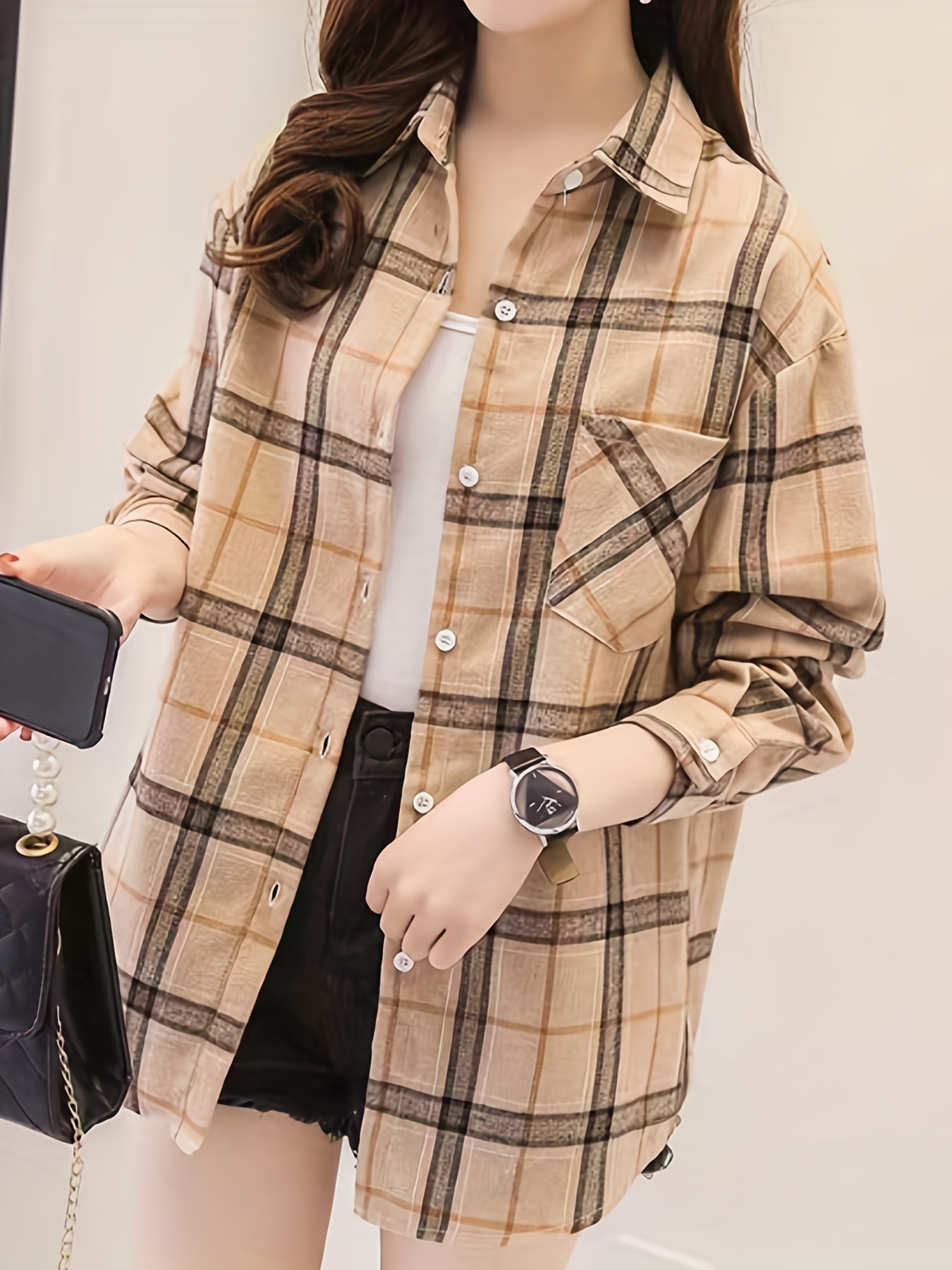 plaid pocket drop shoulder shirt button long sleeve shirt casual every day tops womens clothing details 4