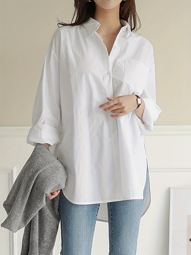 solid button front curved hem shirt casual long sleeve shirt for spring fall womens clothing details 0