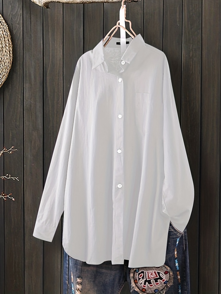 solid button front curved hem shirt casual long sleeve shirt for spring fall womens clothing details 1
