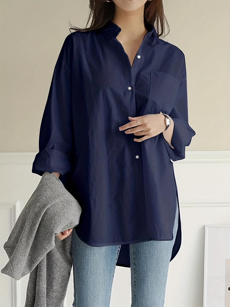 solid button front curved hem shirt casual long sleeve shirt for spring fall womens clothing details 3