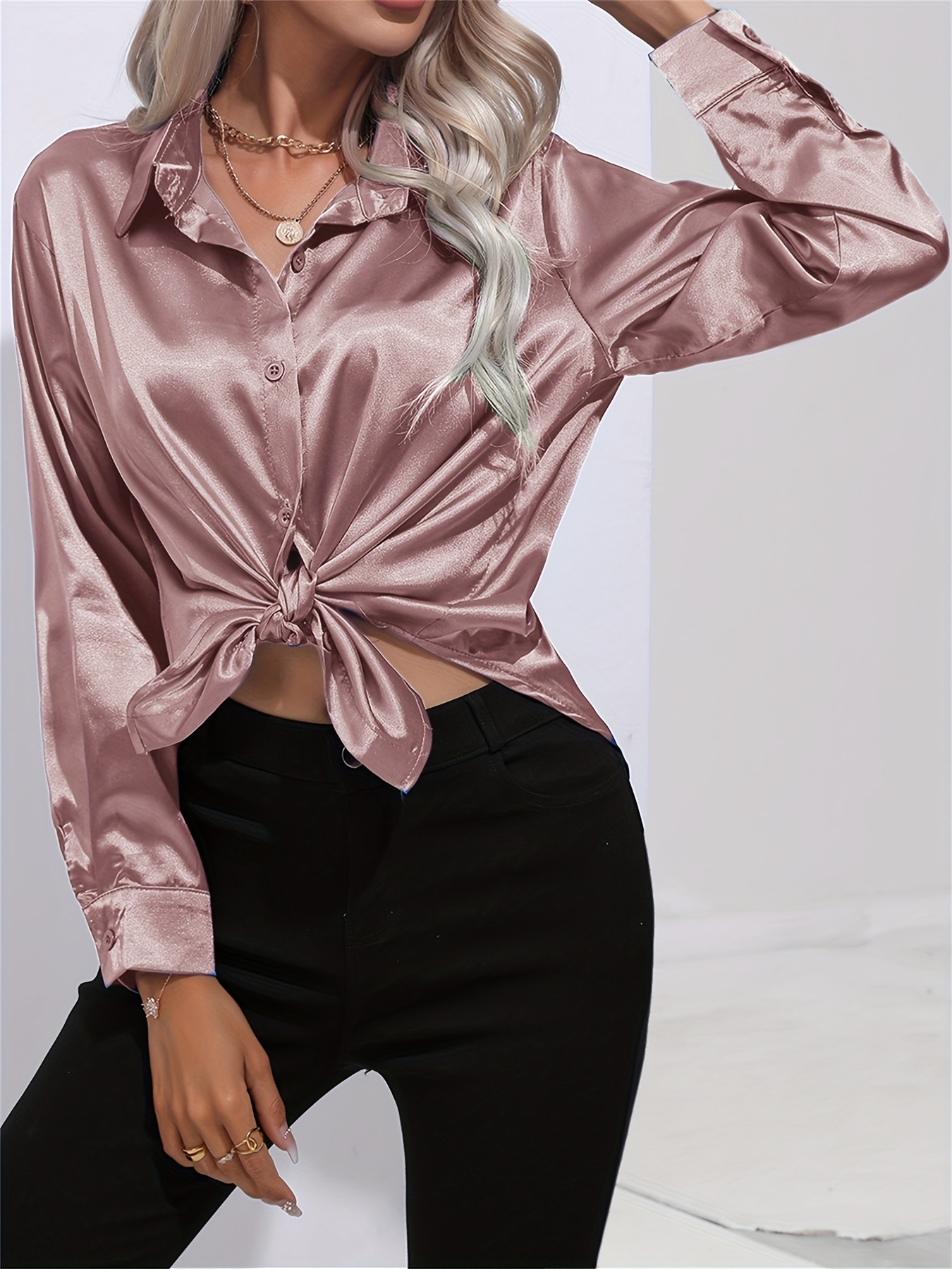 solid smoothly shirt, solid smoothly shirt elegant button front turn down collar long sleeve shirt womens clothing details 1