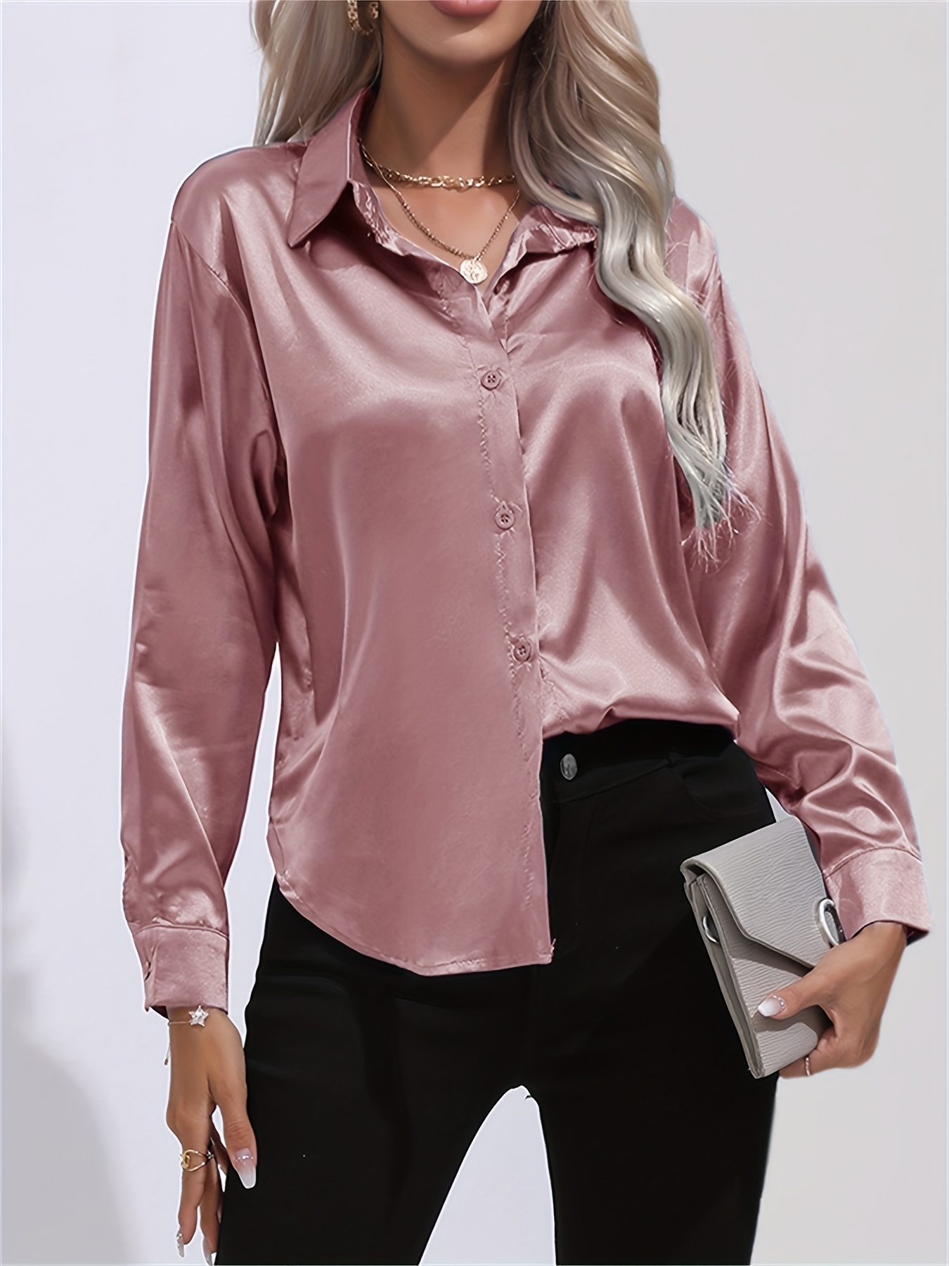 solid smoothly shirt, solid smoothly shirt elegant button front turn down collar long sleeve shirt womens clothing details 3