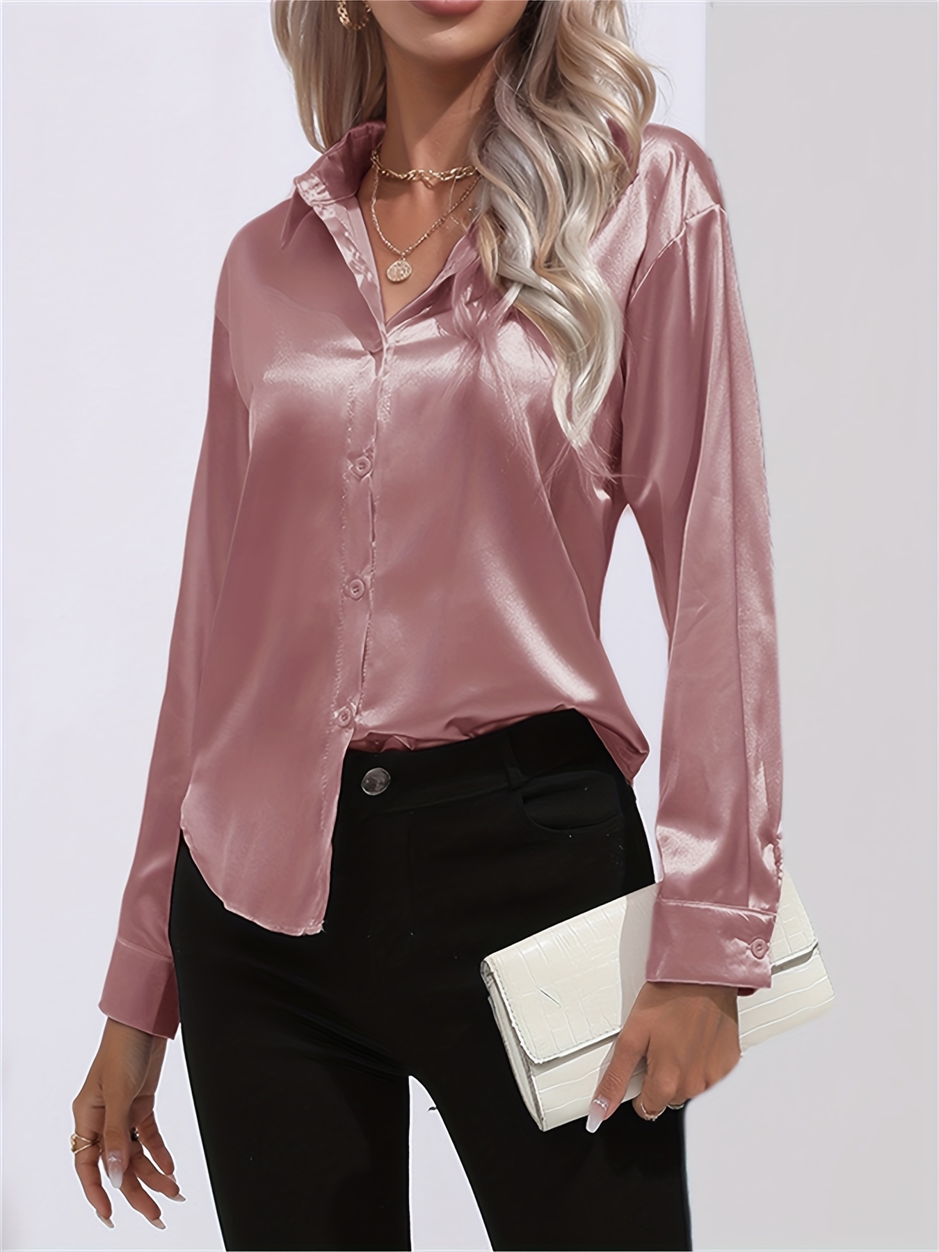 solid smoothly shirt, solid smoothly shirt elegant button front turn down collar long sleeve shirt womens clothing details 6