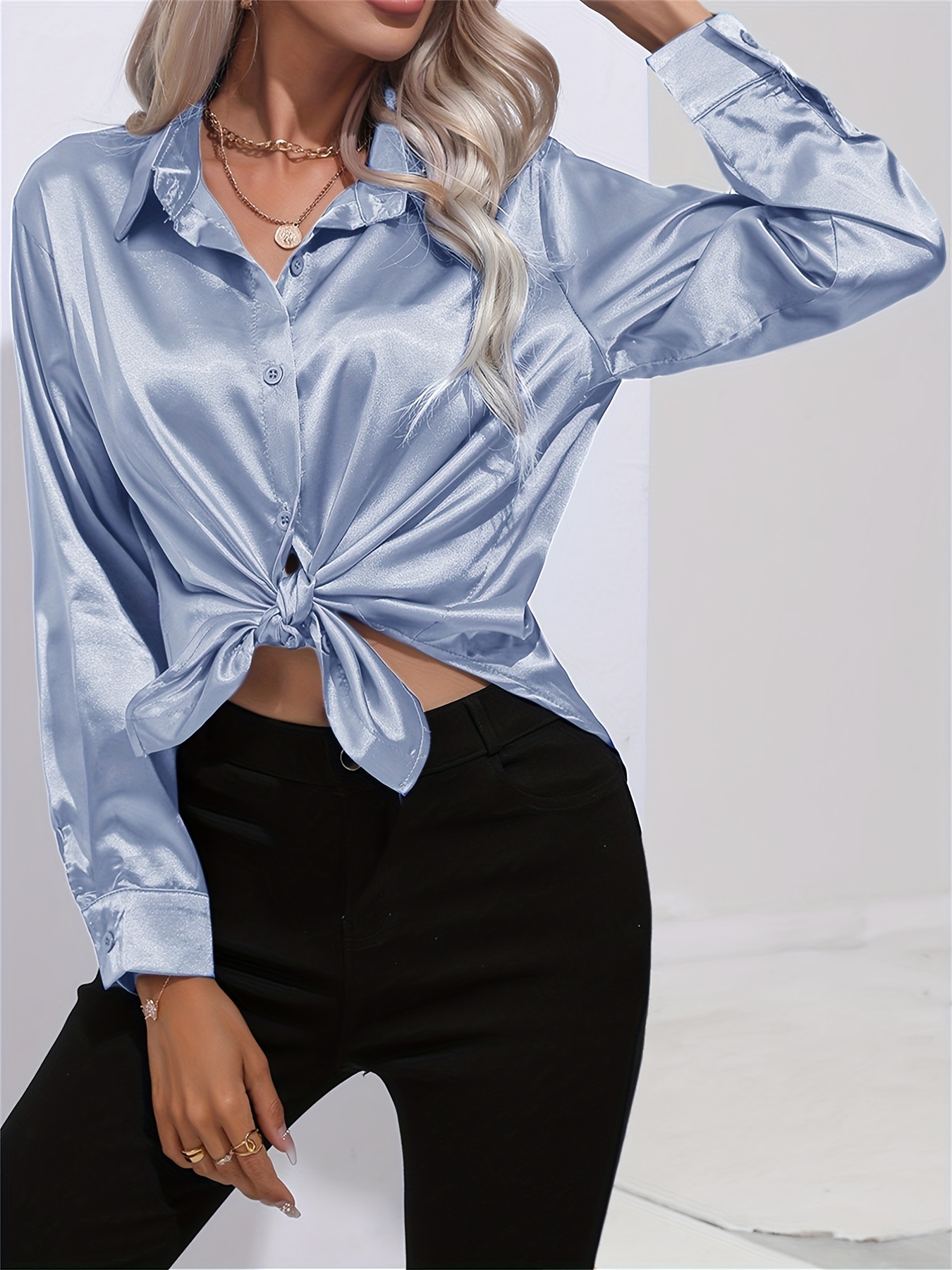 solid smoothly shirt, solid smoothly shirt elegant button front turn down collar long sleeve shirt womens clothing details 9