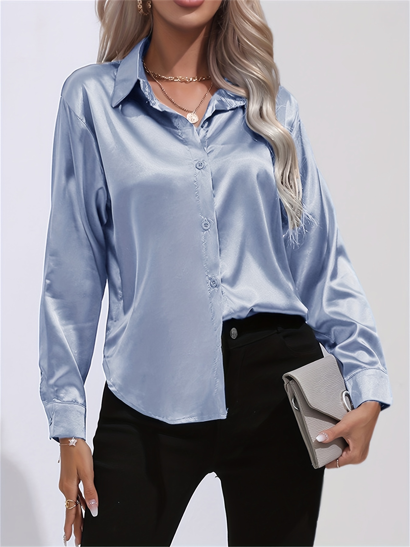 solid smoothly shirt, solid smoothly shirt elegant button front turn down collar long sleeve shirt womens clothing details 11