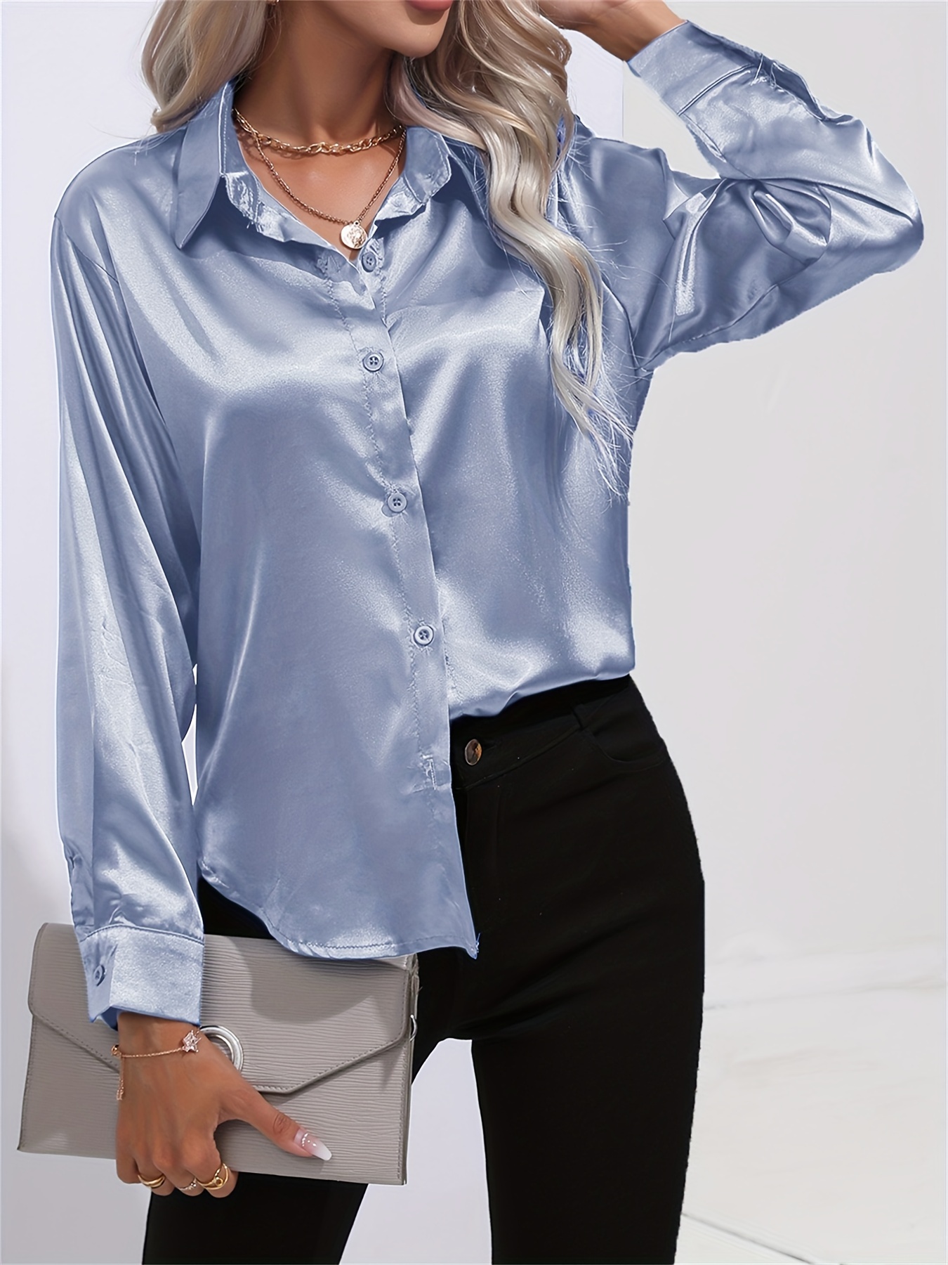 solid smoothly shirt, solid smoothly shirt elegant button front turn down collar long sleeve shirt womens clothing details 12