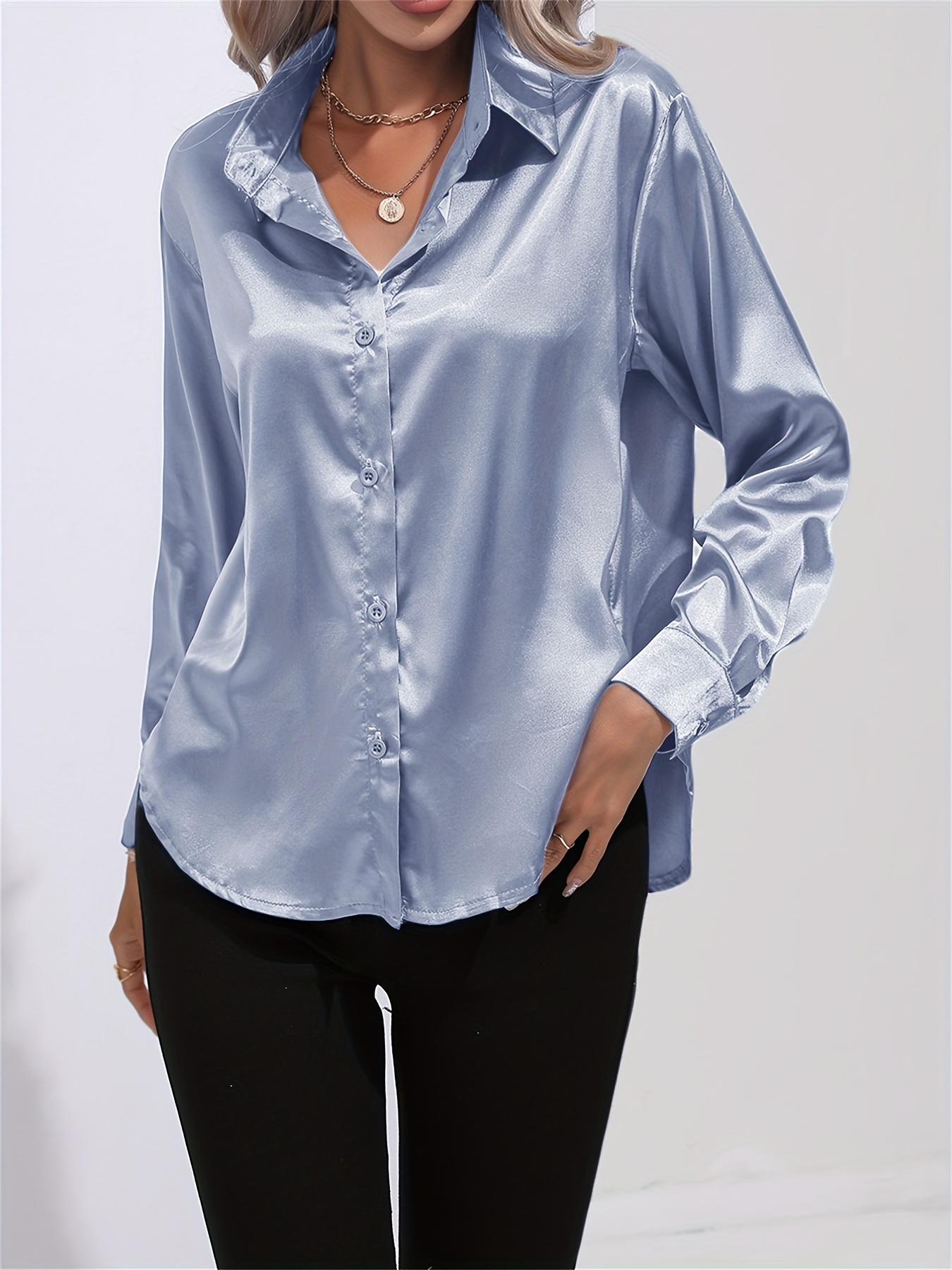 solid smoothly shirt, solid smoothly shirt elegant button front turn down collar long sleeve shirt womens clothing details 15