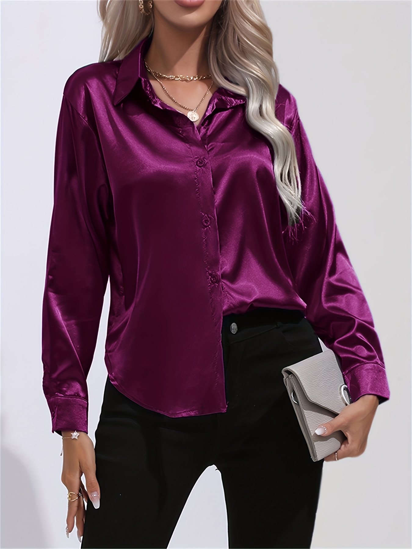 solid smoothly shirt, solid smoothly shirt elegant button front turn down collar long sleeve shirt womens clothing details 16