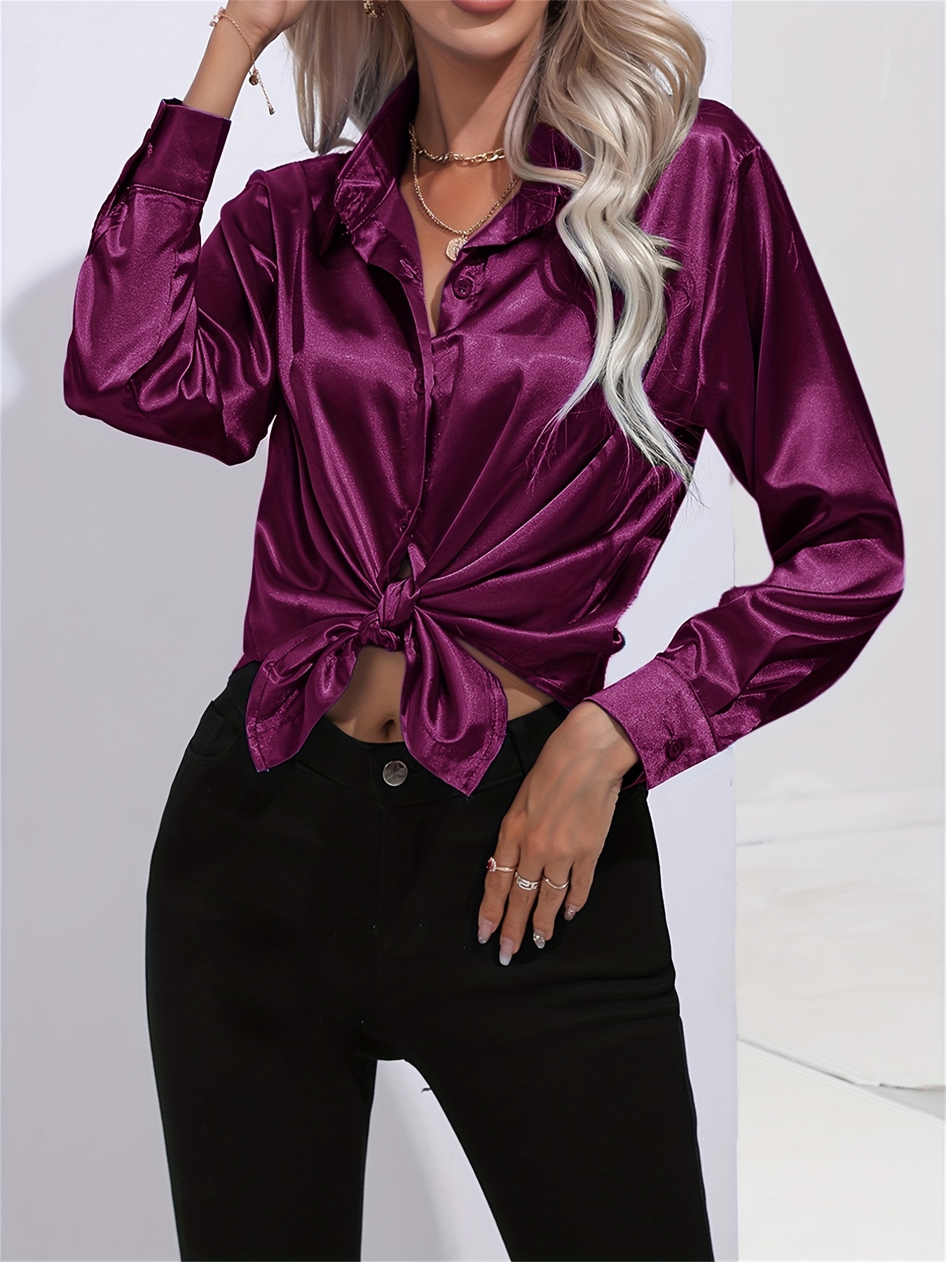 solid smoothly shirt, solid smoothly shirt elegant button front turn down collar long sleeve shirt womens clothing details 18