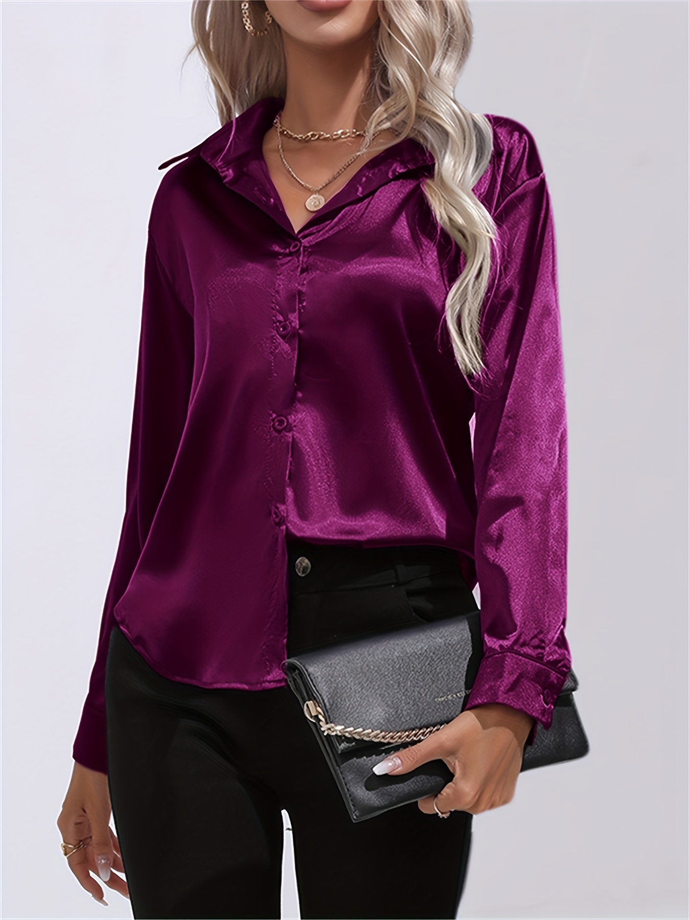 solid smoothly shirt, solid smoothly shirt elegant button front turn down collar long sleeve shirt womens clothing details 19