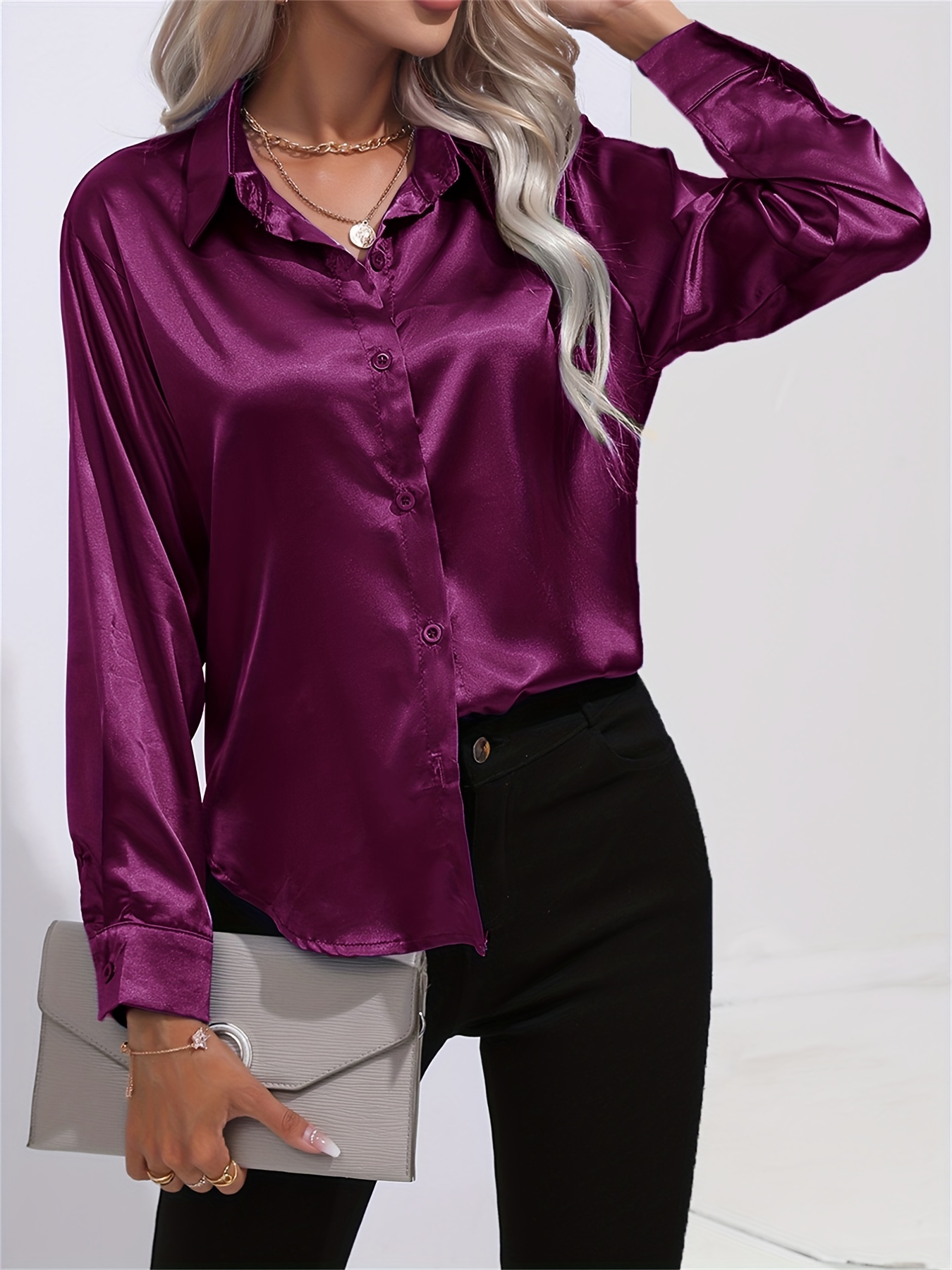 solid smoothly shirt, solid smoothly shirt elegant button front turn down collar long sleeve shirt womens clothing details 20
