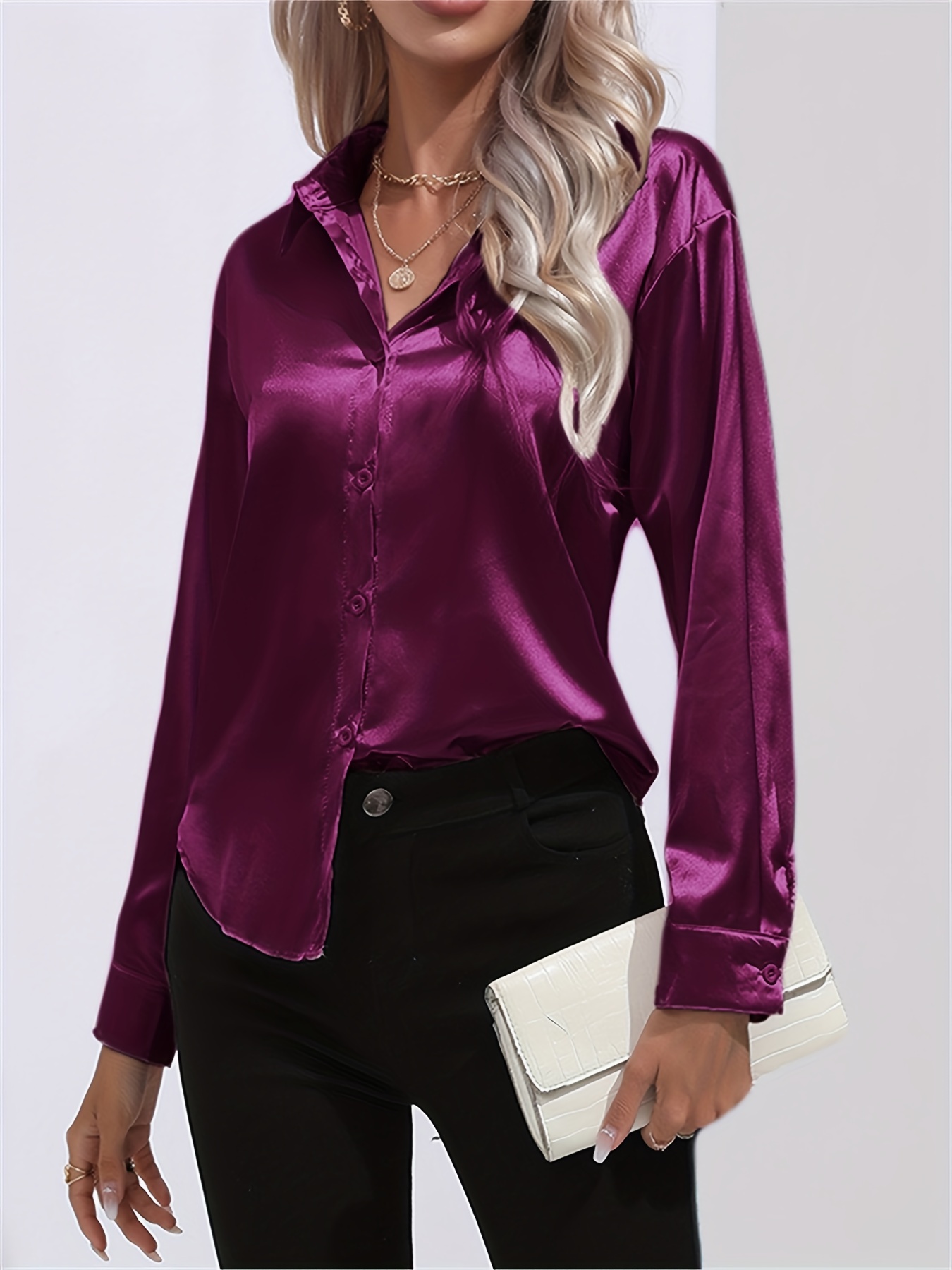 solid smoothly shirt, solid smoothly shirt elegant button front turn down collar long sleeve shirt womens clothing details 22