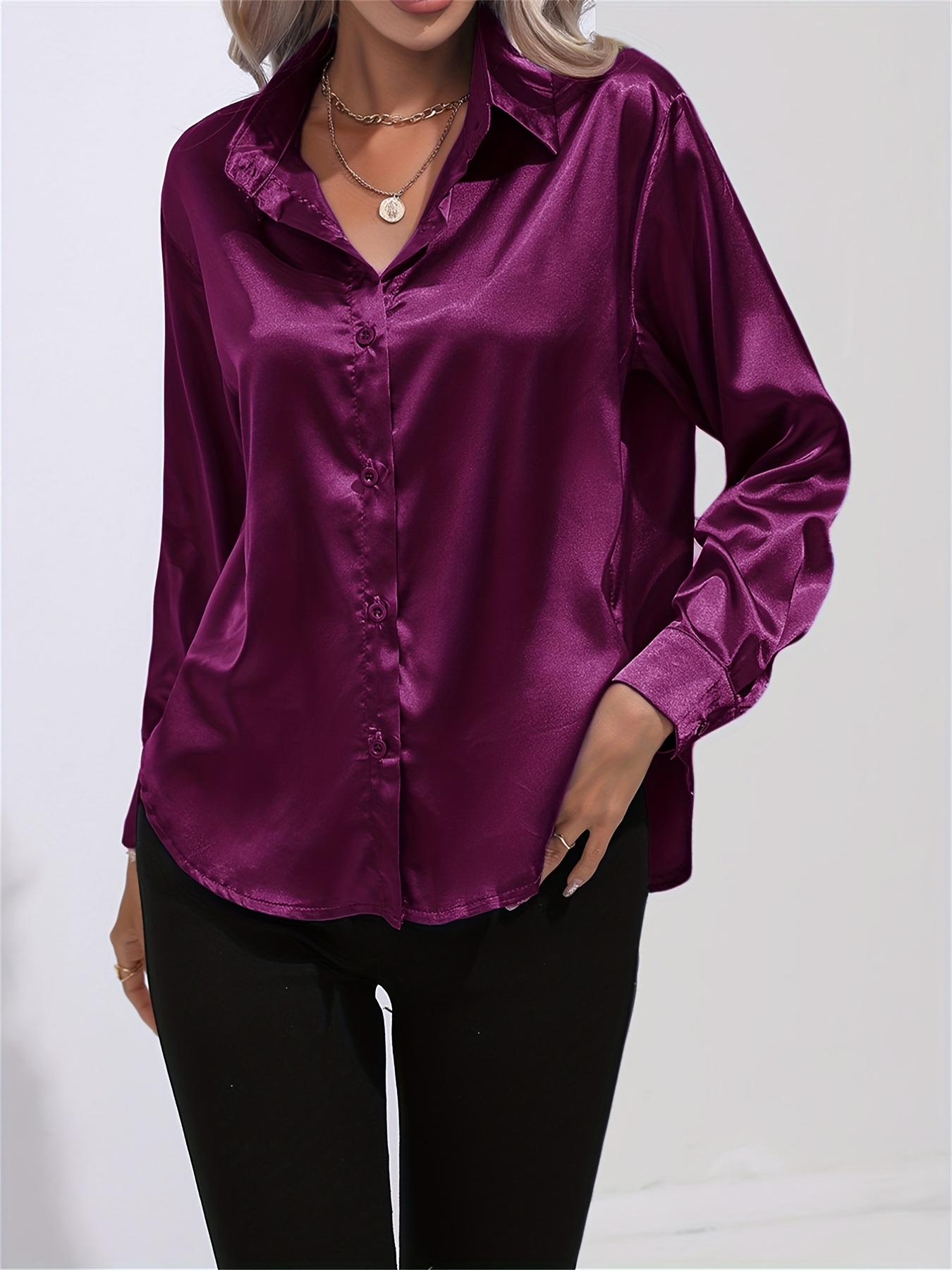 solid smoothly shirt, solid smoothly shirt elegant button front turn down collar long sleeve shirt womens clothing details 23