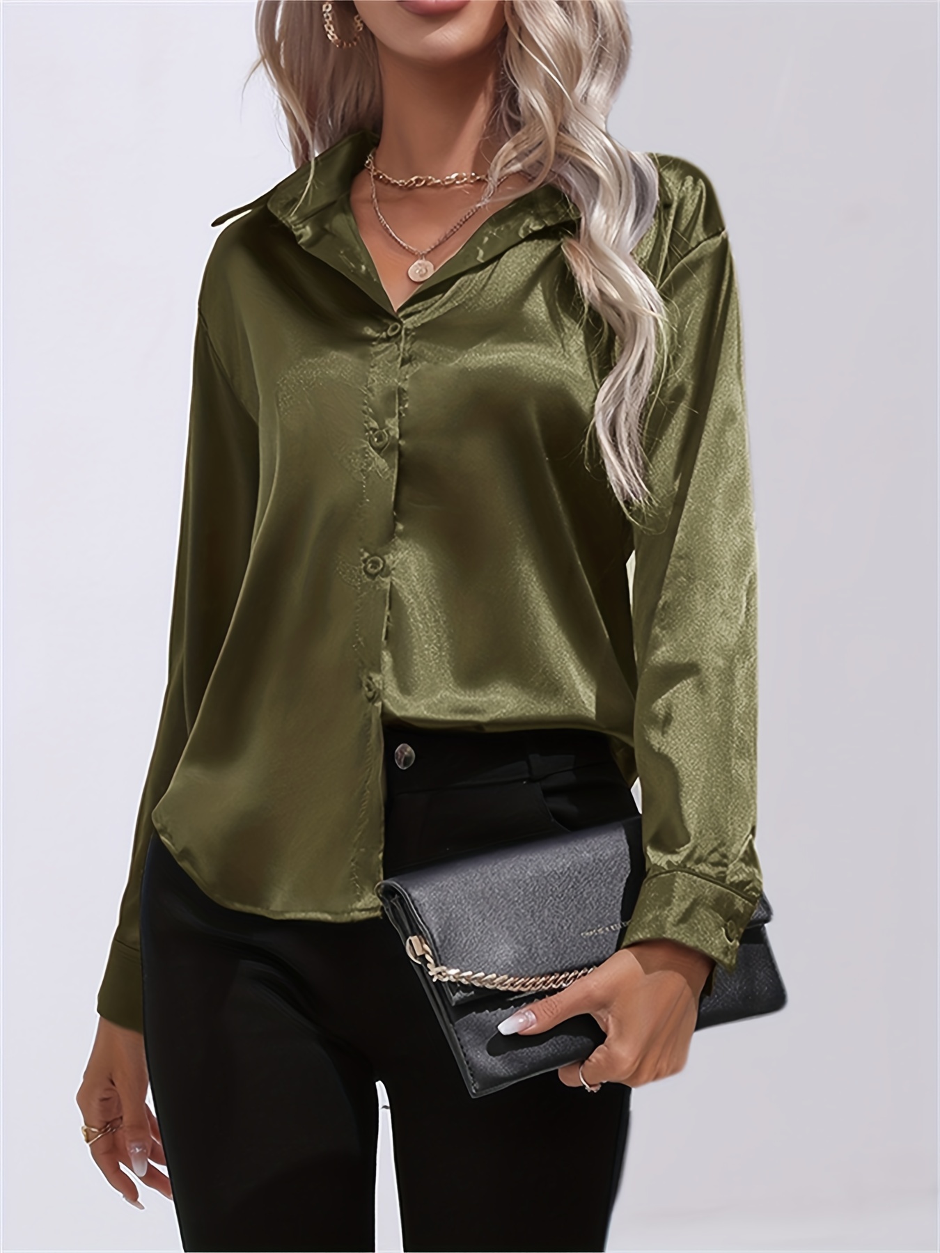 solid smoothly shirt, solid smoothly shirt elegant button front turn down collar long sleeve shirt womens clothing details 24