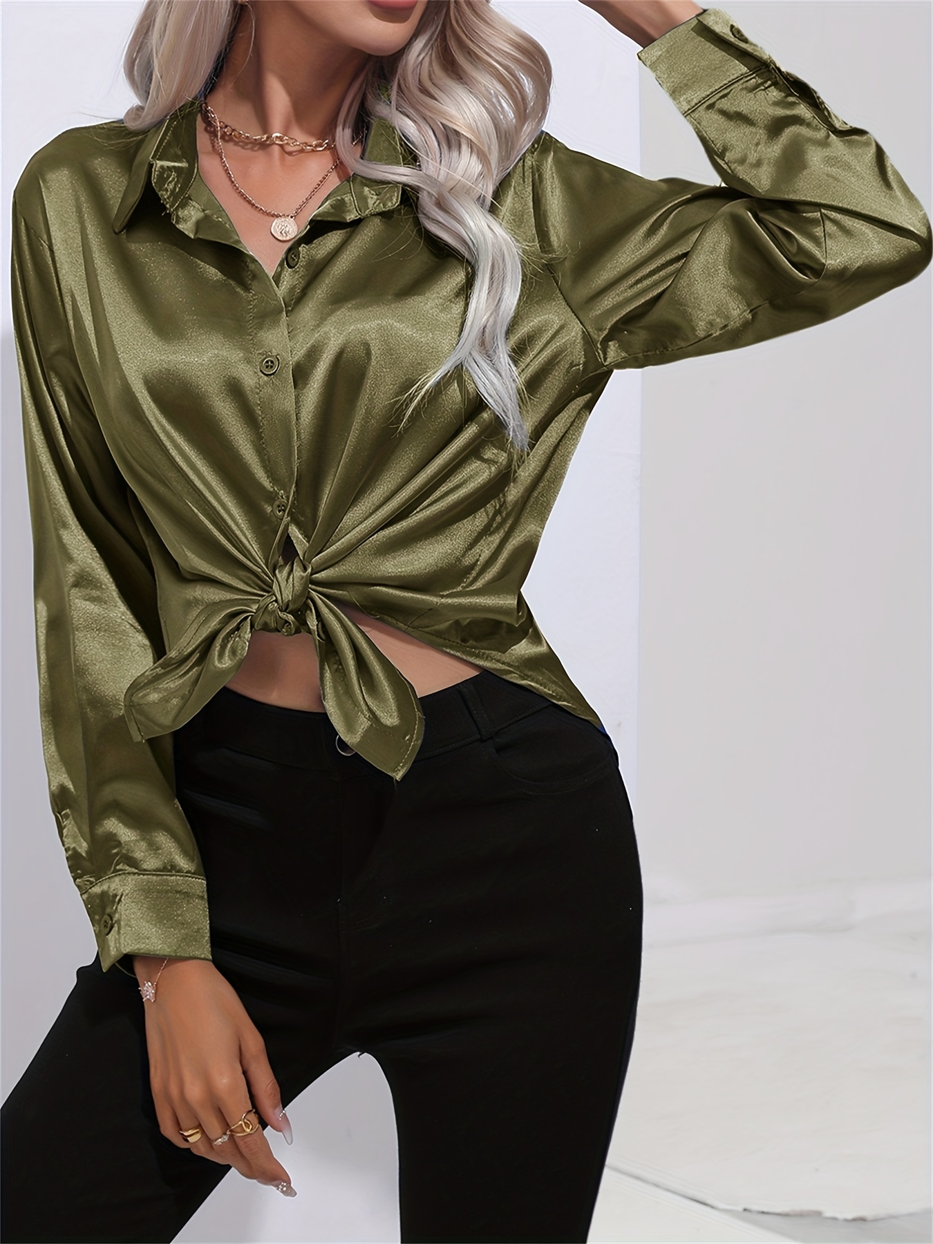 solid smoothly shirt, solid smoothly shirt elegant button front turn down collar long sleeve shirt womens clothing details 25