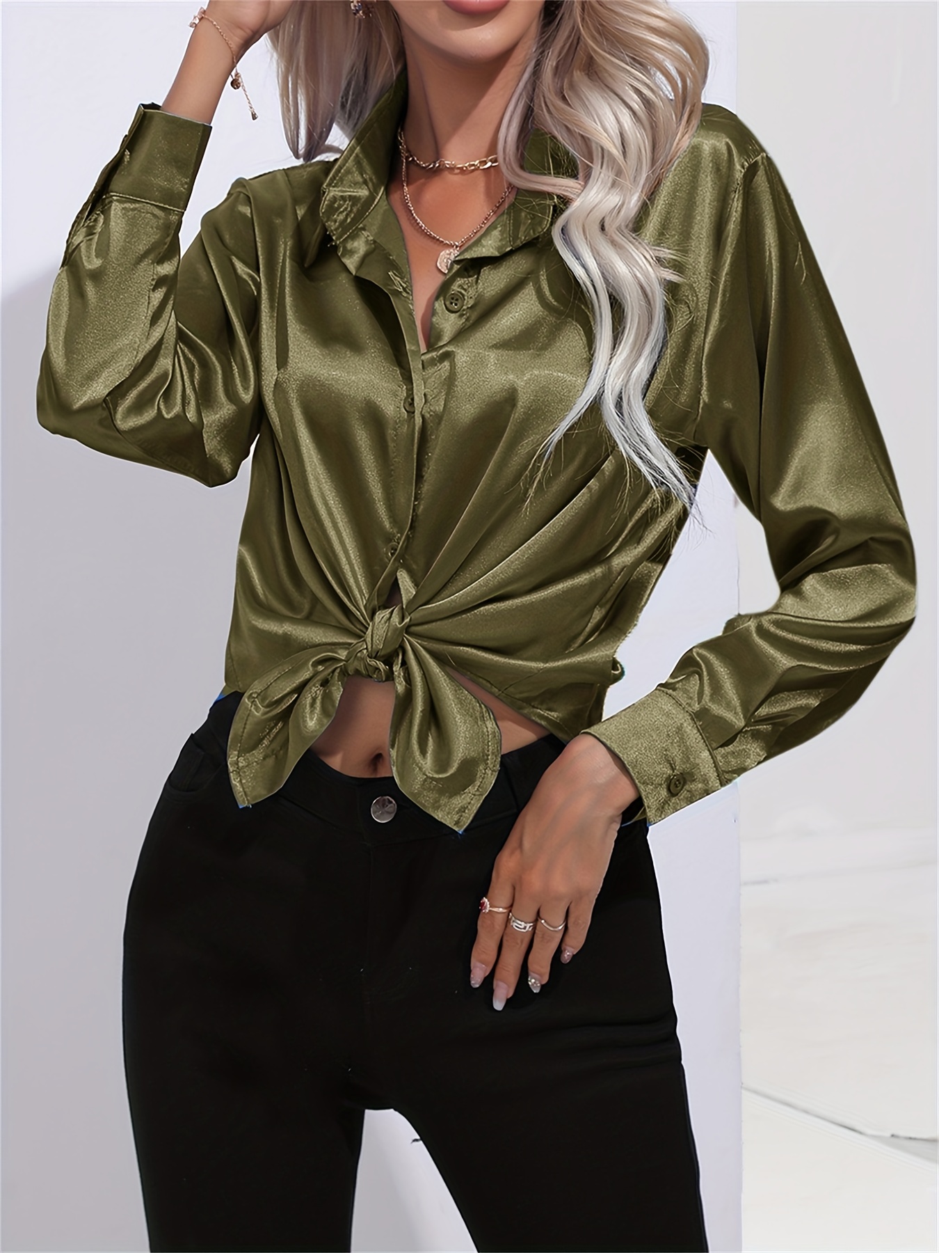 solid smoothly shirt, solid smoothly shirt elegant button front turn down collar long sleeve shirt womens clothing details 26