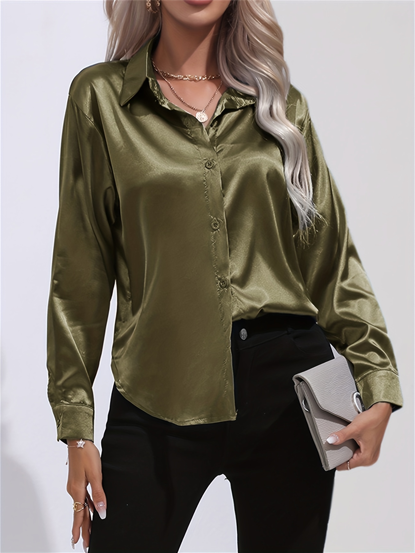 solid smoothly shirt, solid smoothly shirt elegant button front turn down collar long sleeve shirt womens clothing details 27
