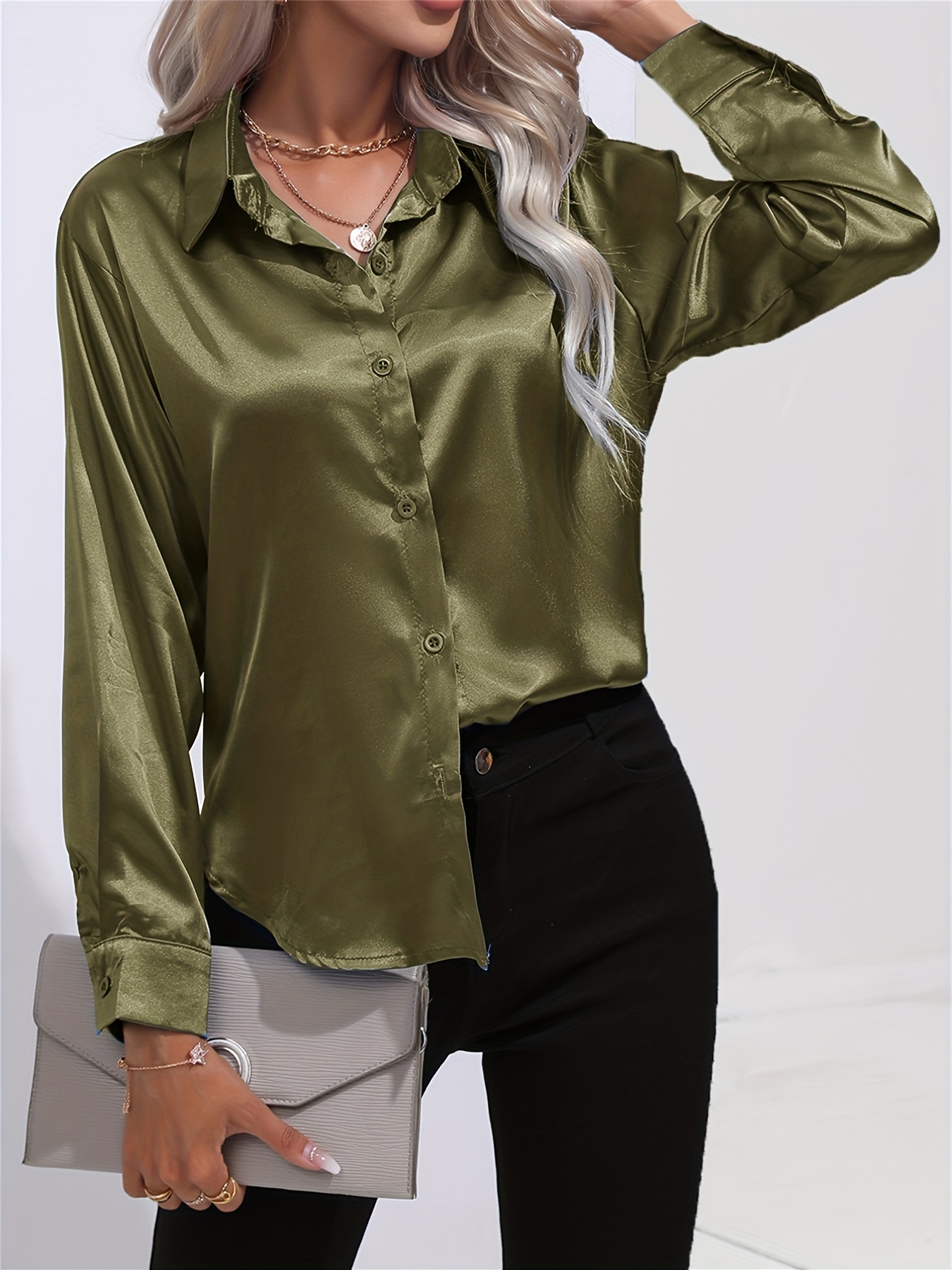 solid smoothly shirt, solid smoothly shirt elegant button front turn down collar long sleeve shirt womens clothing details 28