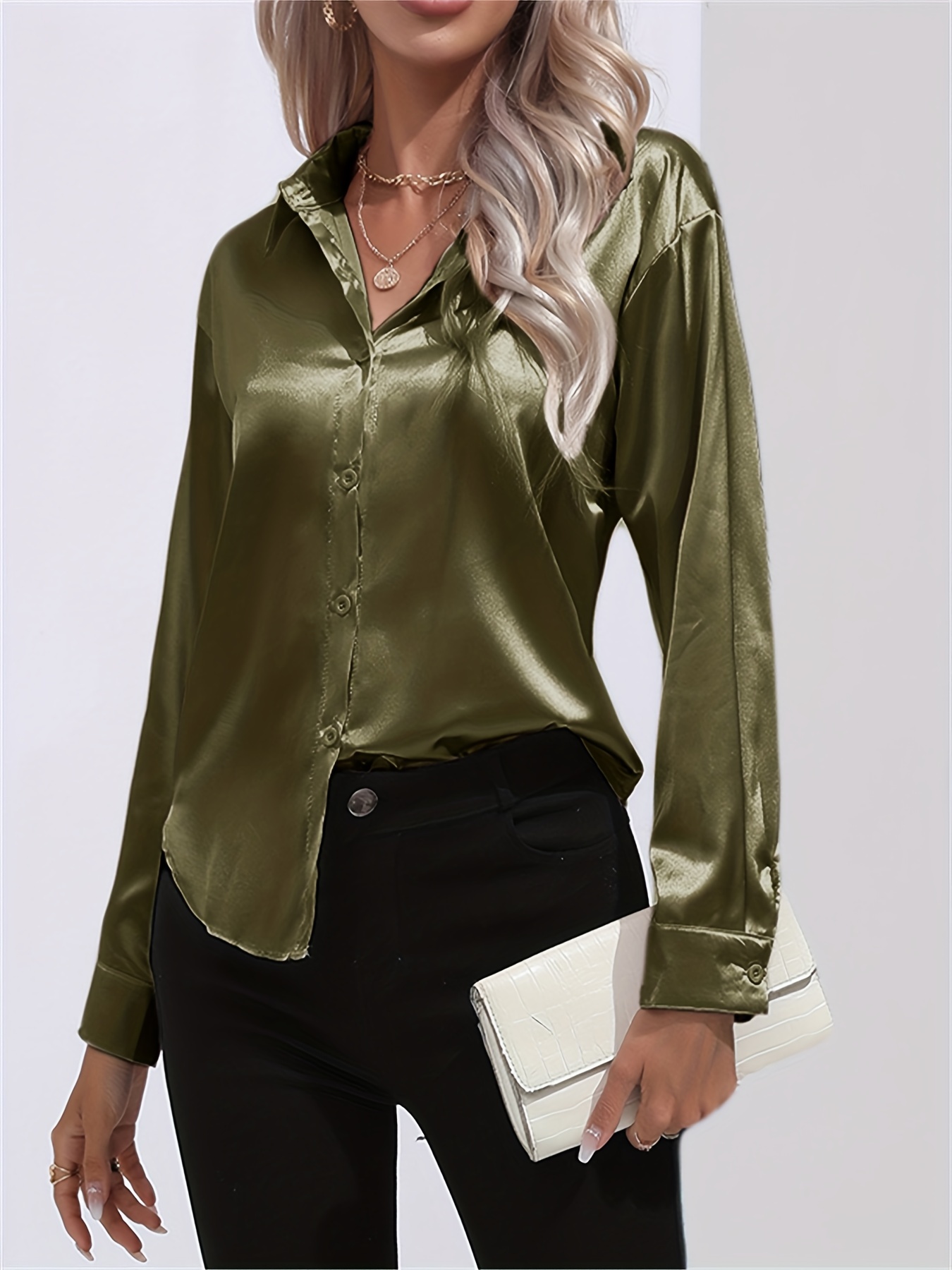 solid smoothly shirt, solid smoothly shirt elegant button front turn down collar long sleeve shirt womens clothing details 30