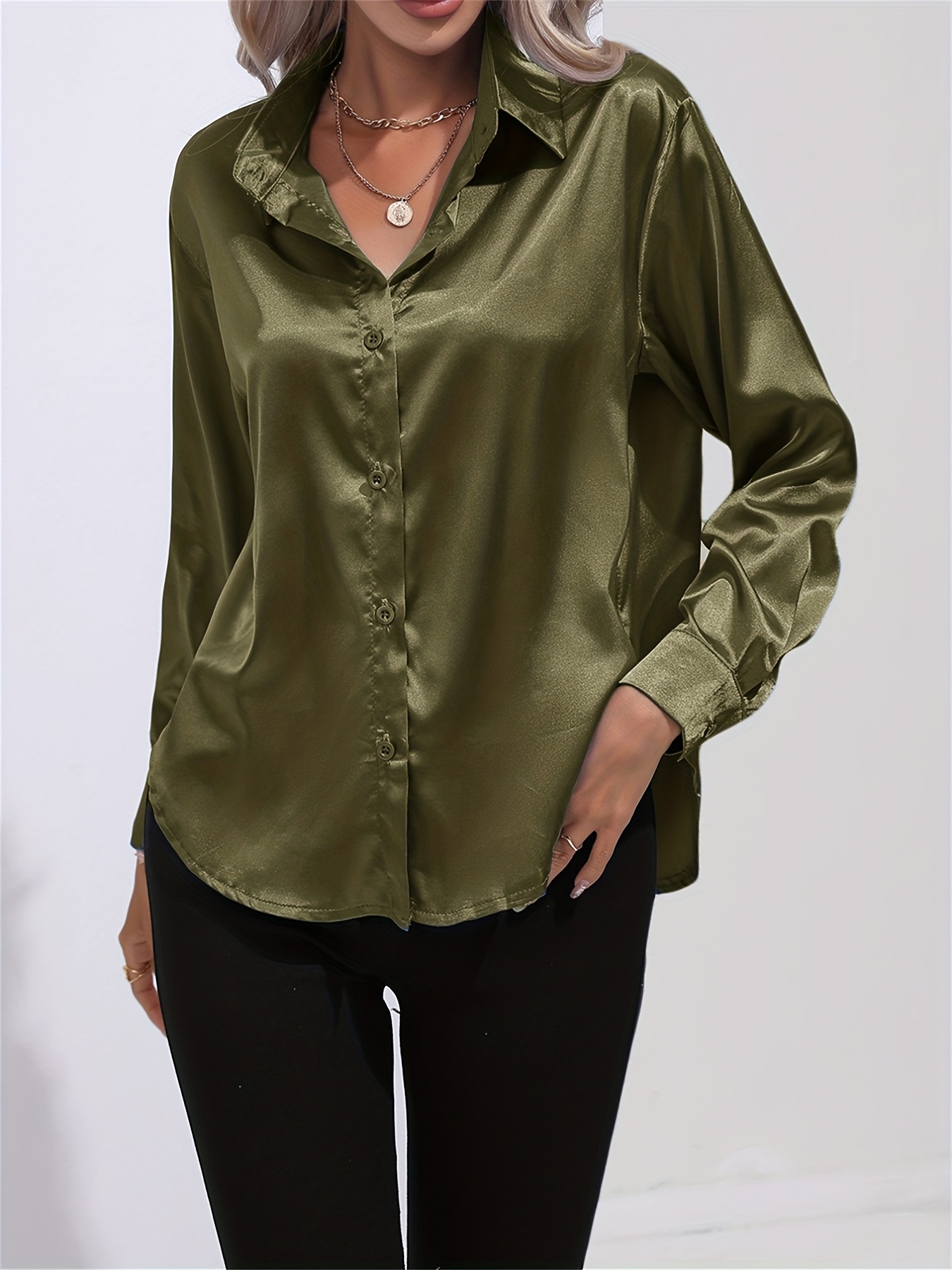 solid smoothly shirt, solid smoothly shirt elegant button front turn down collar long sleeve shirt womens clothing details 31