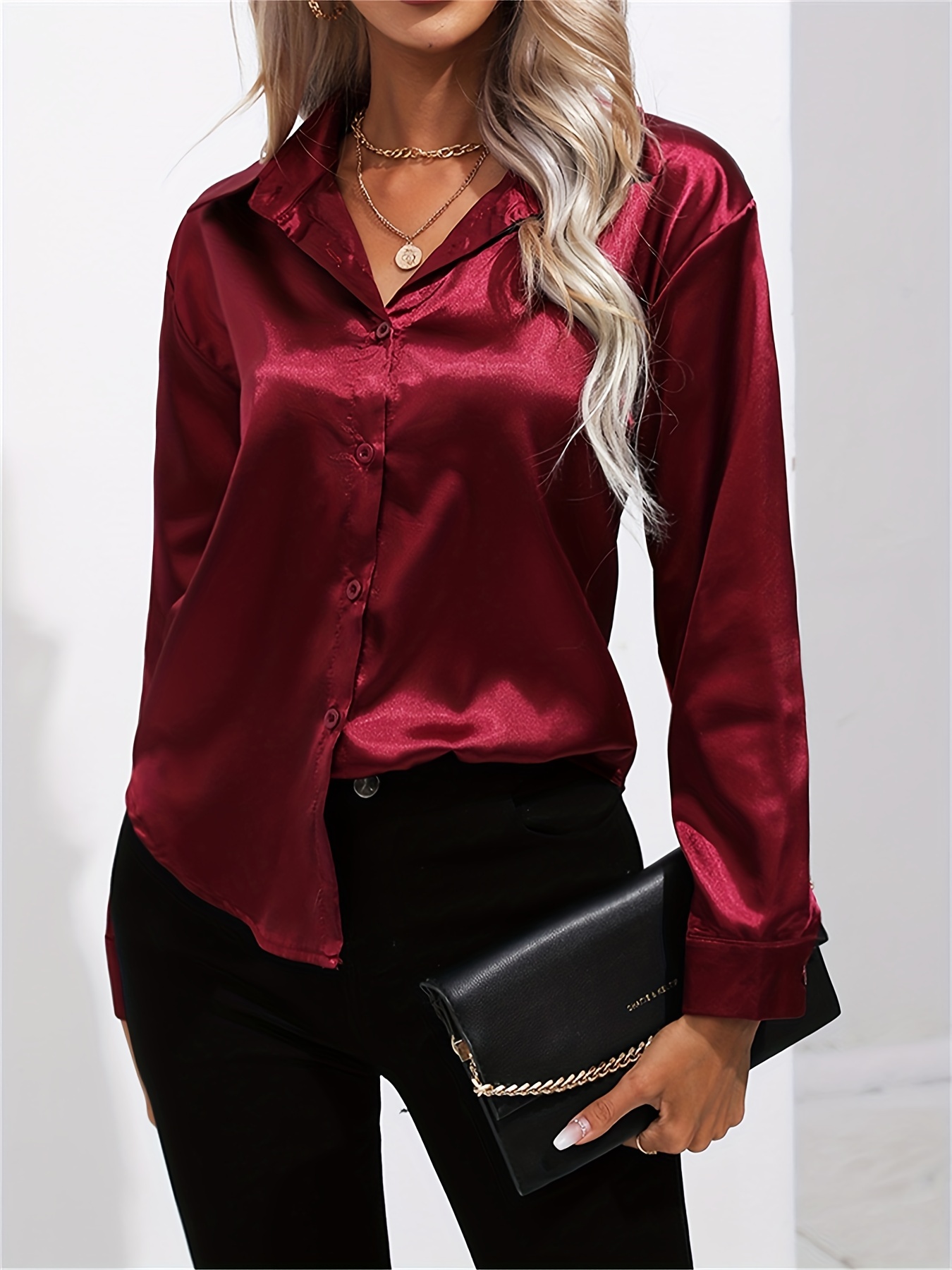 solid smoothly shirt, solid smoothly shirt elegant button front turn down collar long sleeve shirt womens clothing details 32