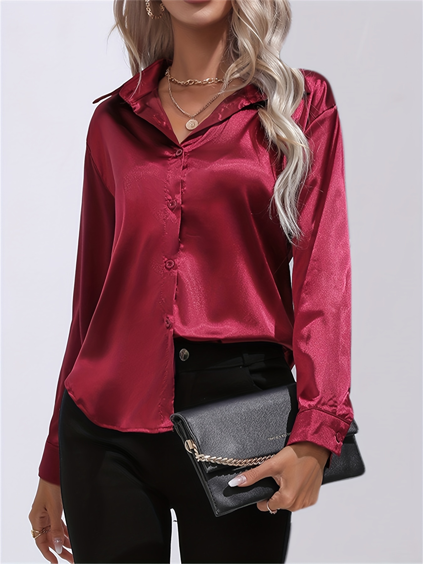solid smoothly shirt, solid smoothly shirt elegant button front turn down collar long sleeve shirt womens clothing details 34