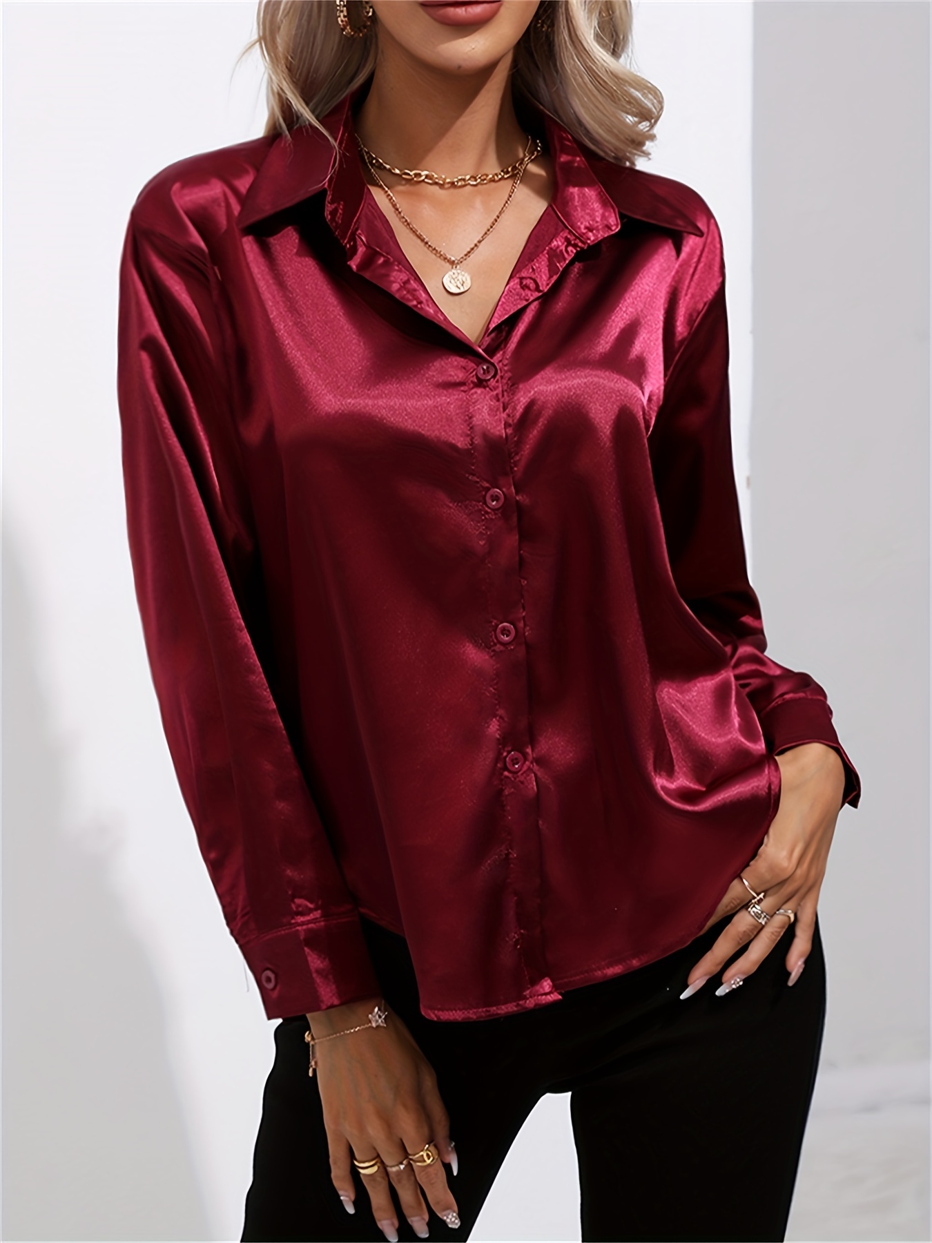 solid smoothly shirt, solid smoothly shirt elegant button front turn down collar long sleeve shirt womens clothing details 36