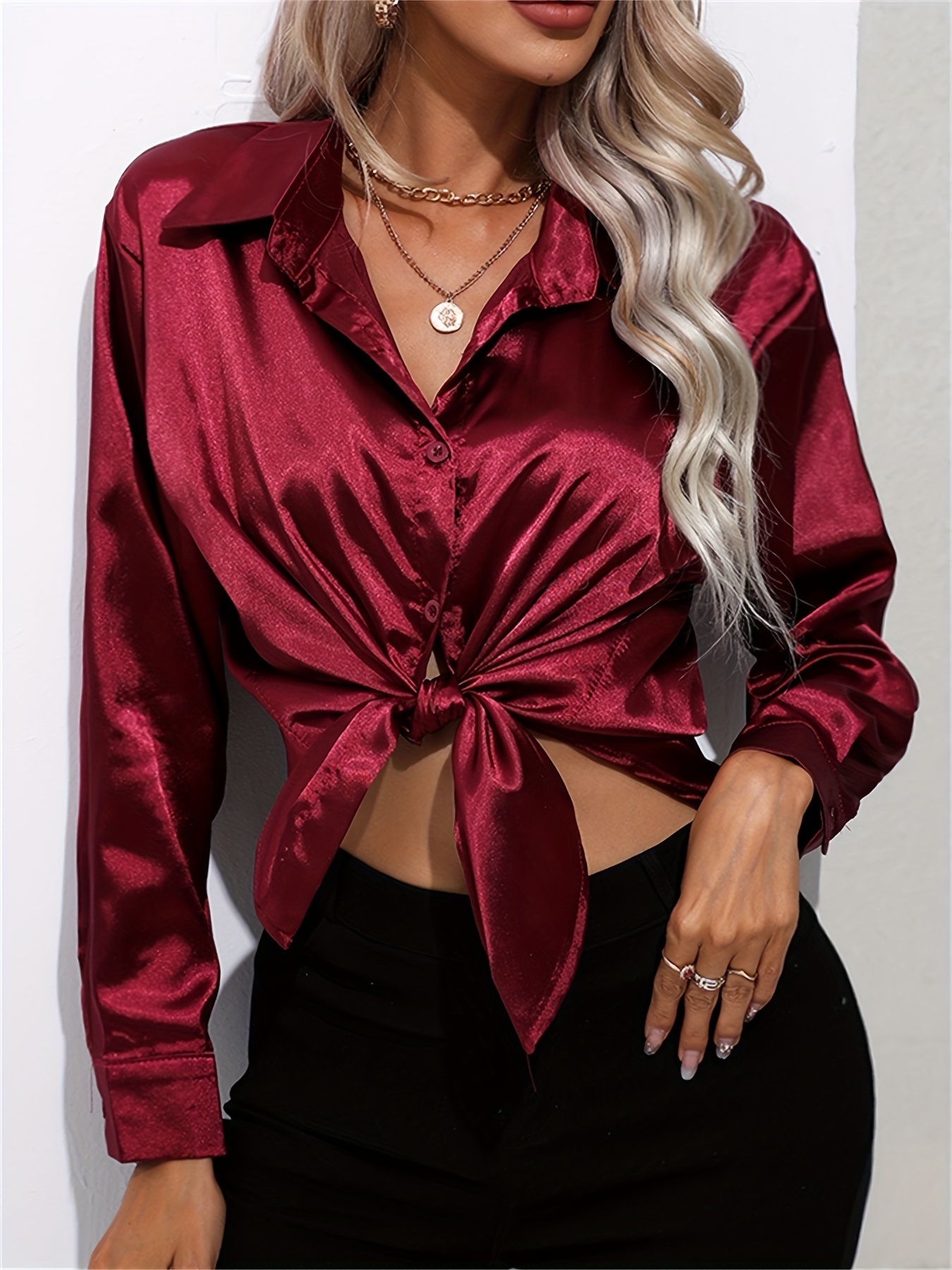 solid smoothly shirt, solid smoothly shirt elegant button front turn down collar long sleeve shirt womens clothing details 37