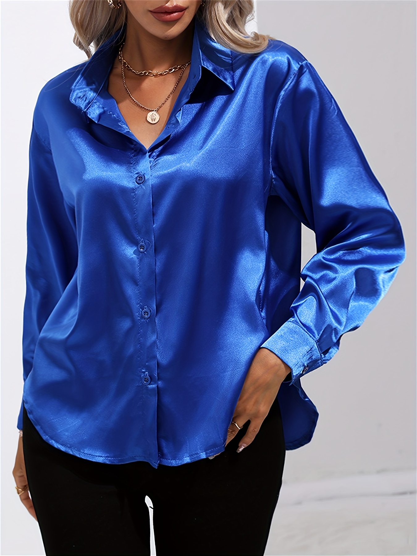 solid smoothly shirt, solid smoothly shirt elegant button front turn down collar long sleeve shirt womens clothing details 40