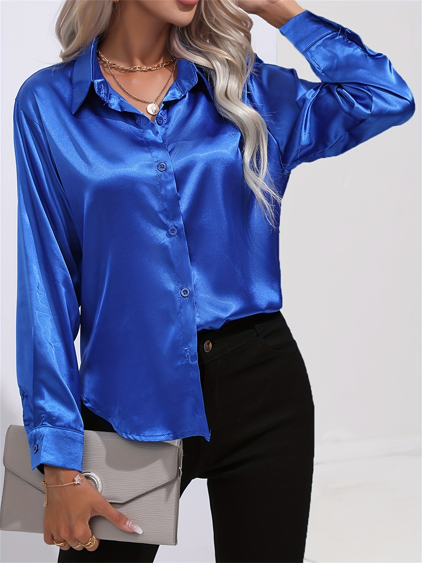 solid smoothly shirt, solid smoothly shirt elegant button front turn down collar long sleeve shirt womens clothing details 41