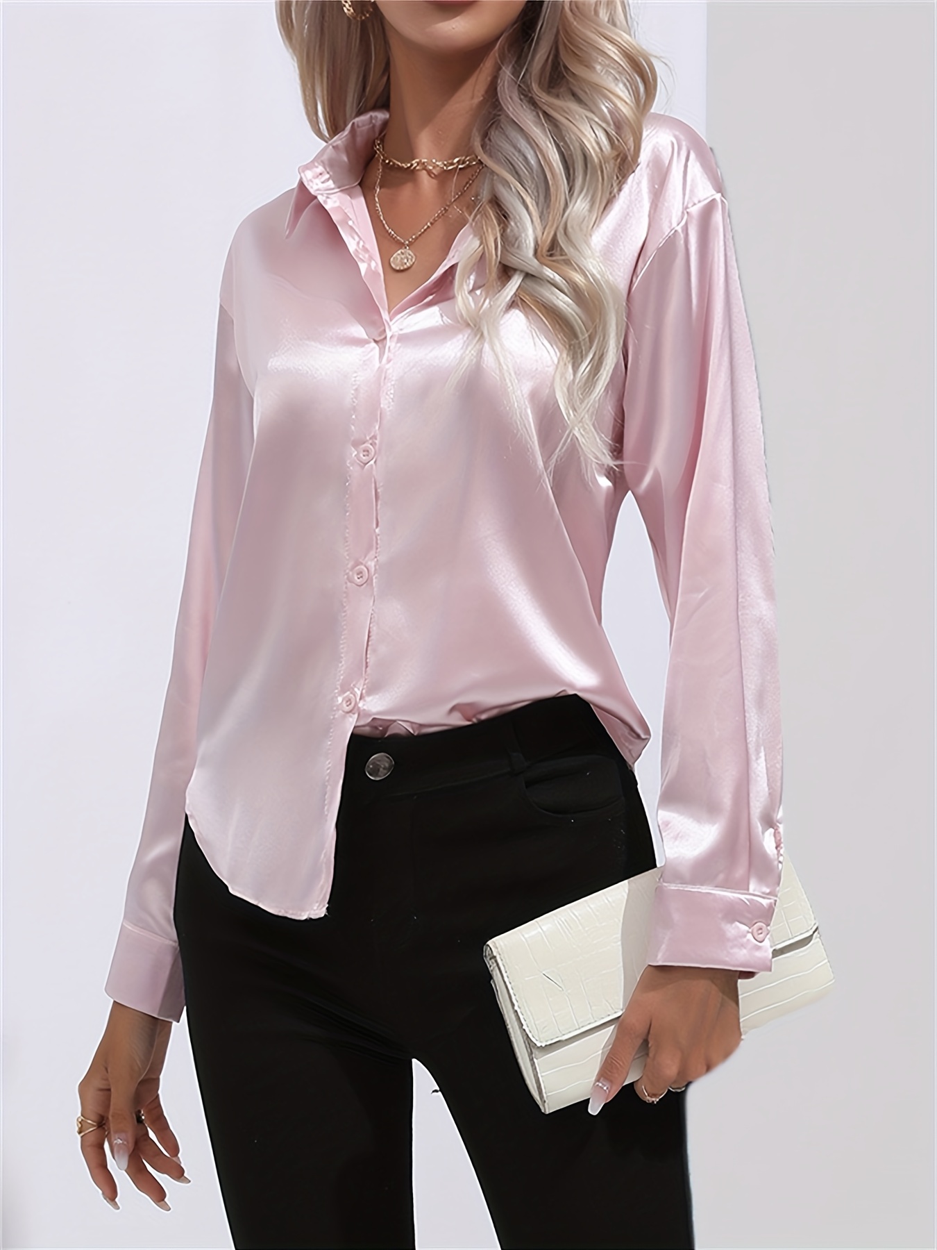 solid smoothly shirt, solid smoothly shirt elegant button front turn down collar long sleeve shirt womens clothing details 43