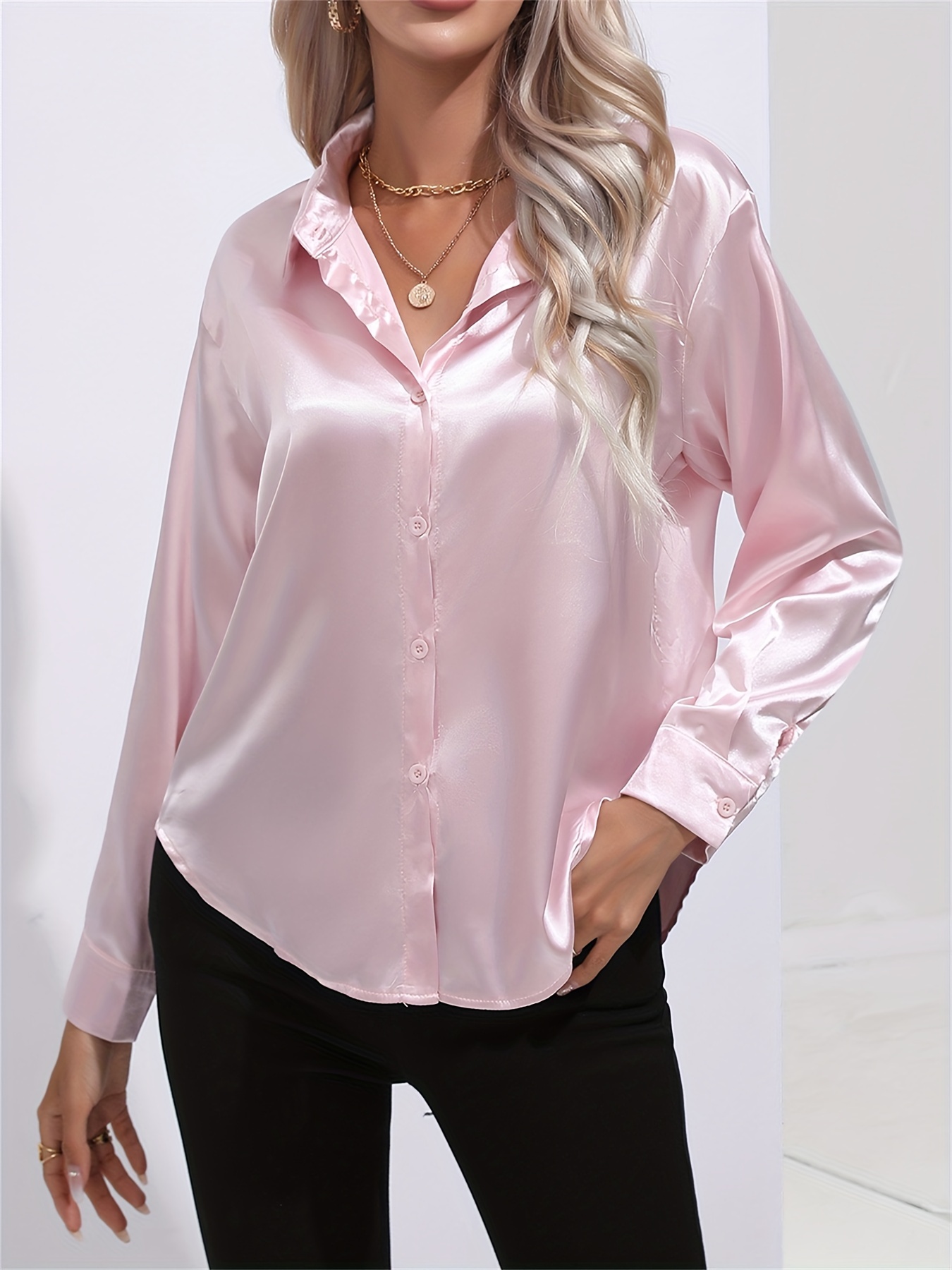 solid smoothly shirt, solid smoothly shirt elegant button front turn down collar long sleeve shirt womens clothing details 45