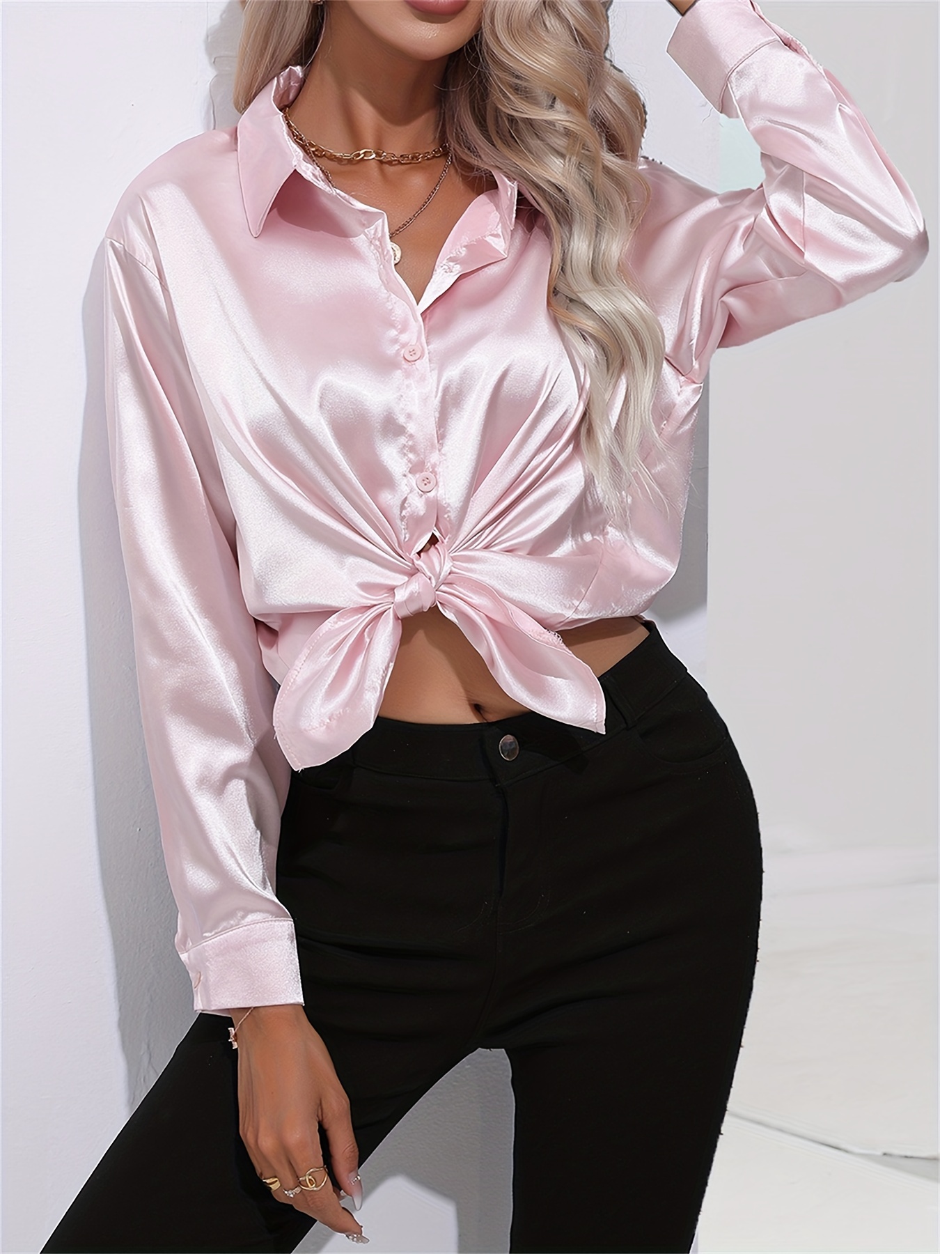 solid smoothly shirt, solid smoothly shirt elegant button front turn down collar long sleeve shirt womens clothing details 47