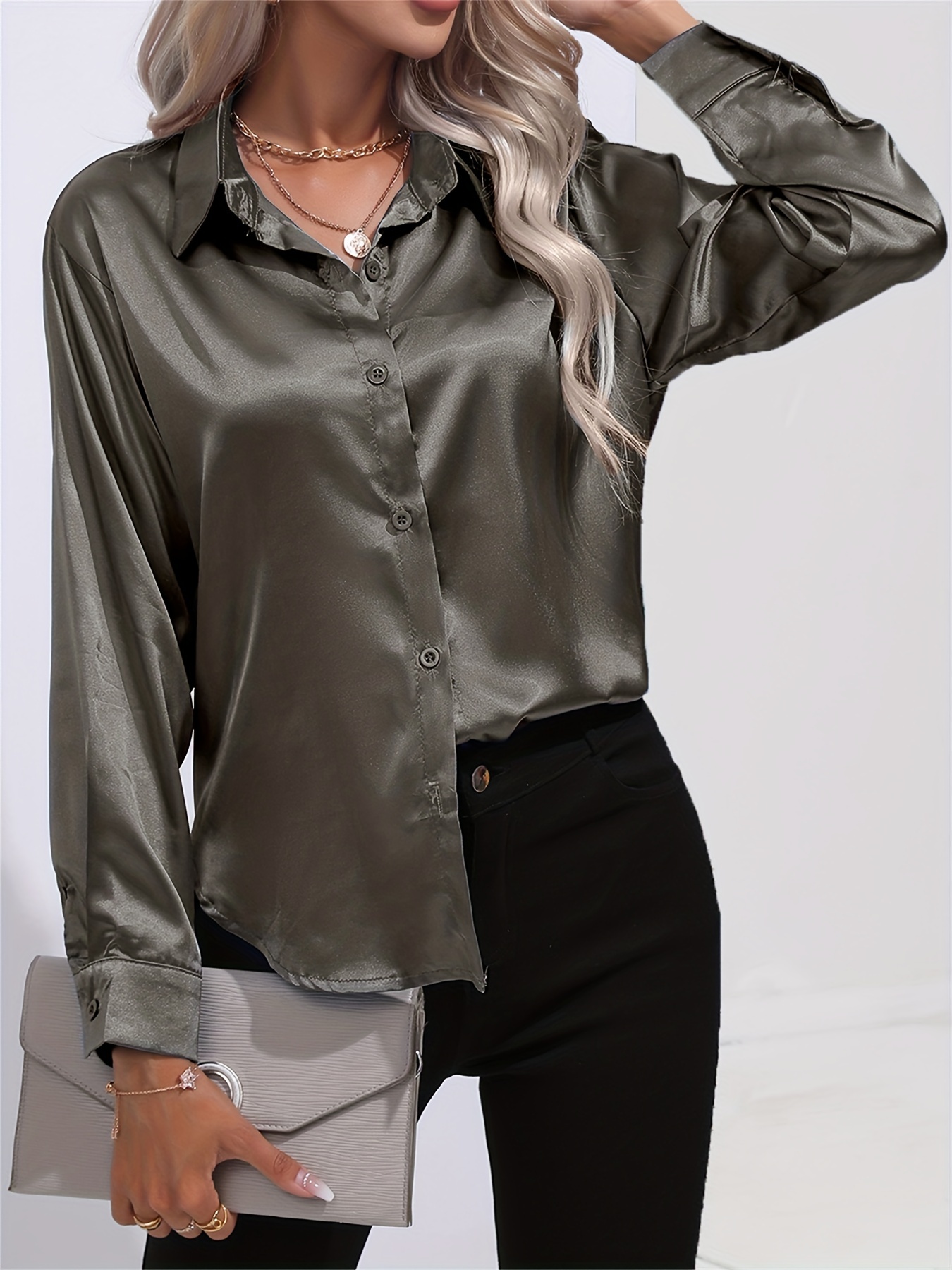 solid smoothly shirt, solid smoothly shirt elegant button front turn down collar long sleeve shirt womens clothing details 48