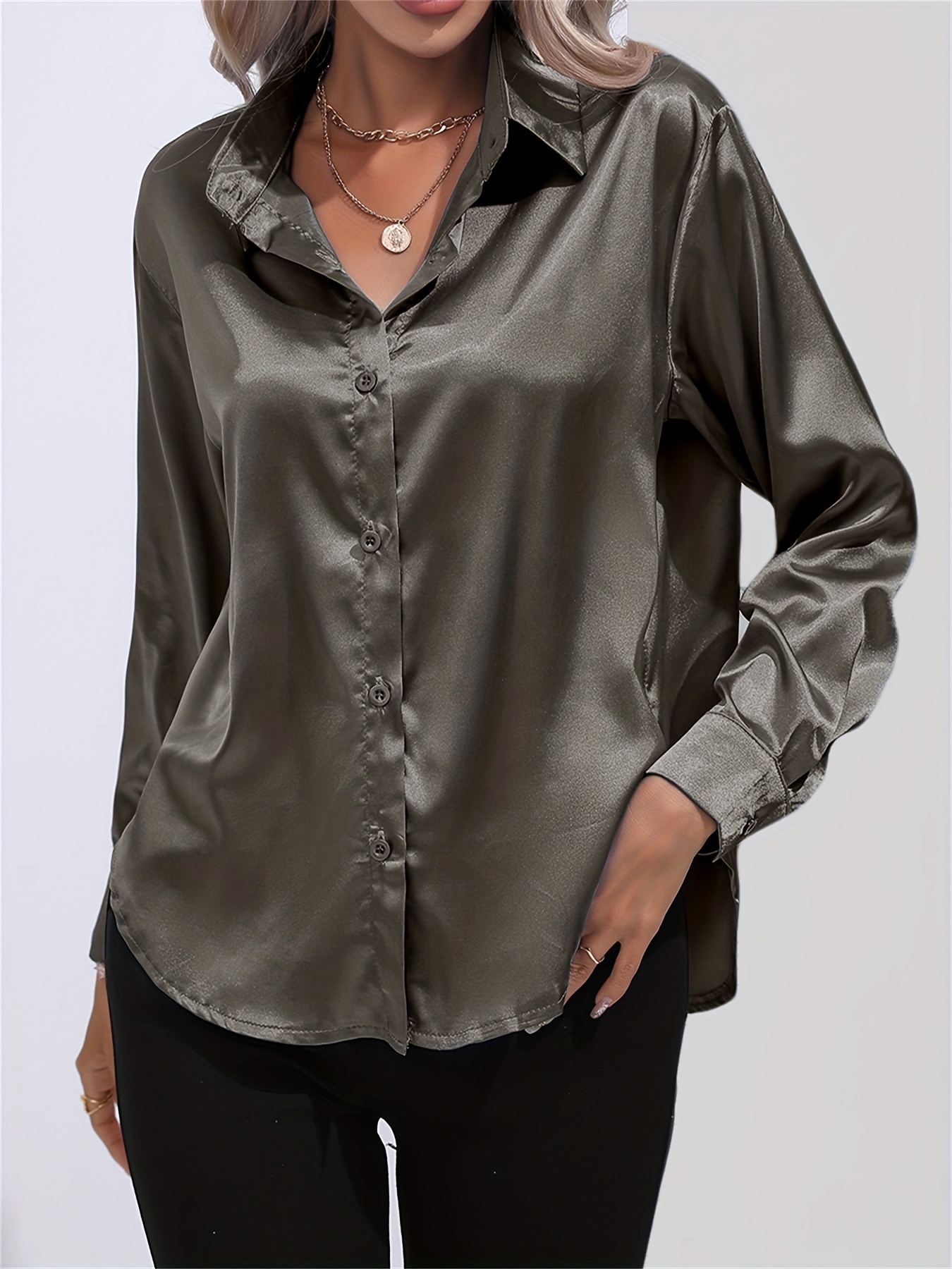 solid smoothly shirt, solid smoothly shirt elegant button front turn down collar long sleeve shirt womens clothing details 50