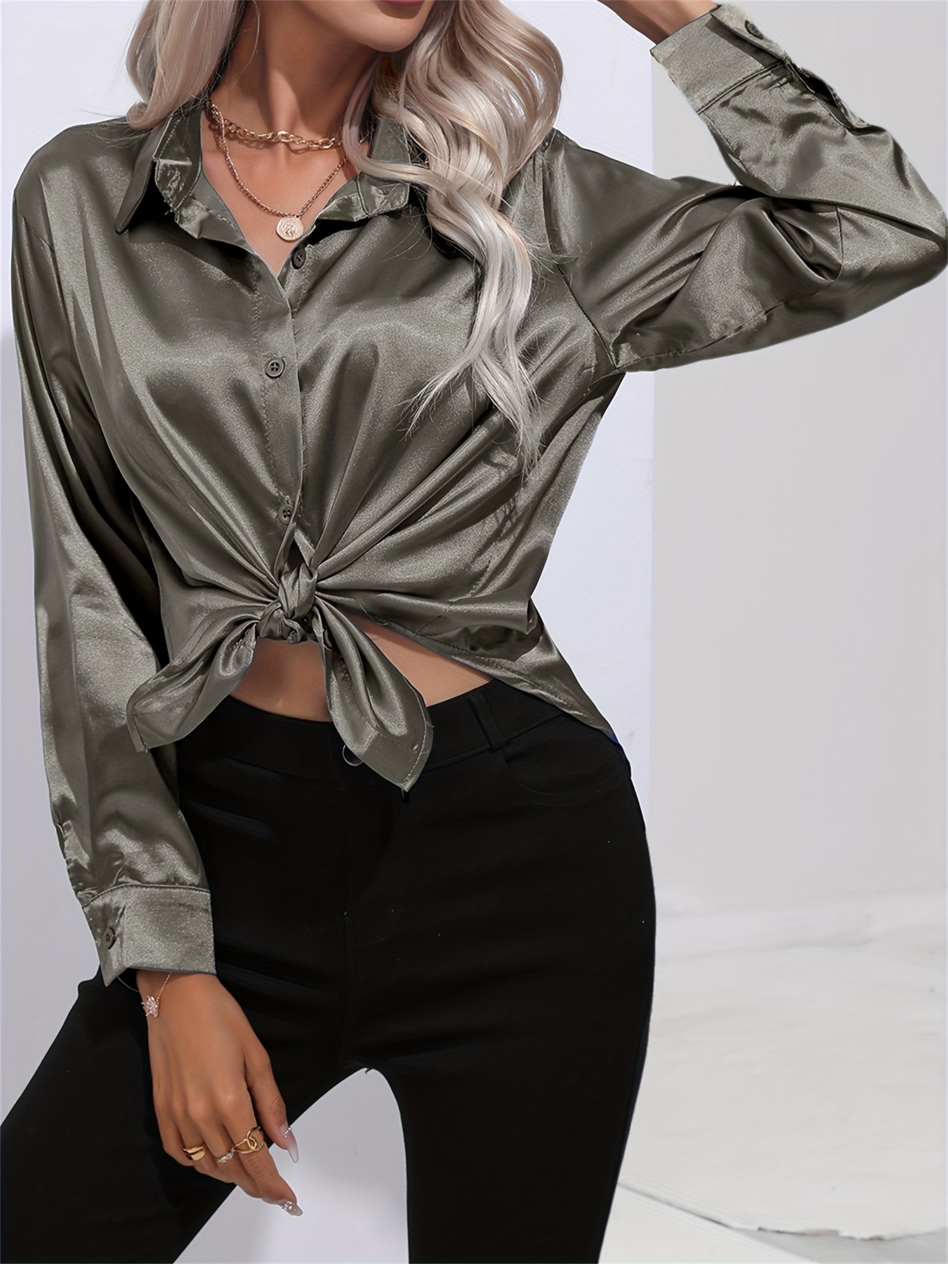 solid smoothly shirt, solid smoothly shirt elegant button front turn down collar long sleeve shirt womens clothing details 52