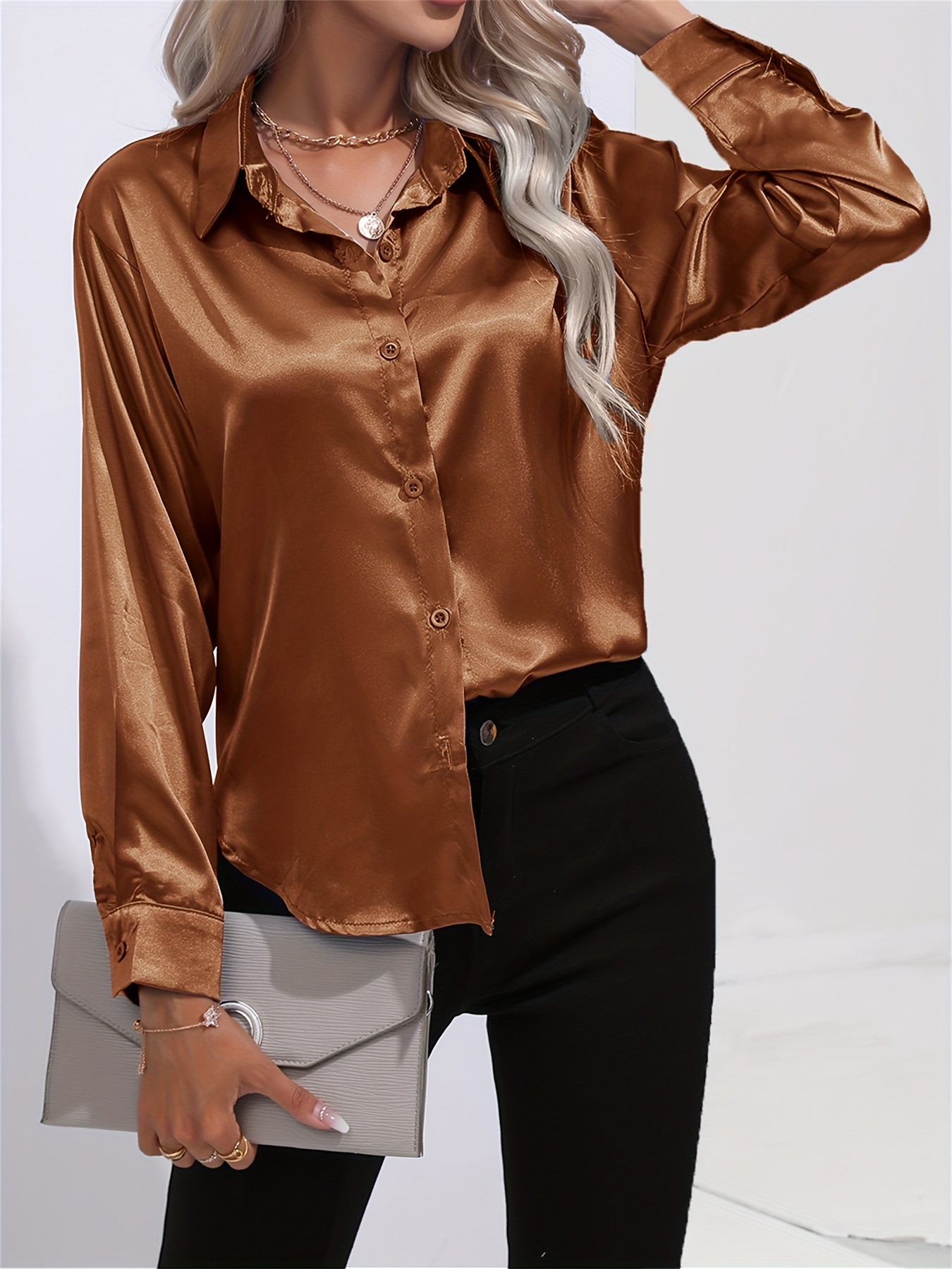 solid smoothly shirt, solid smoothly shirt elegant button front turn down collar long sleeve shirt womens clothing details 53