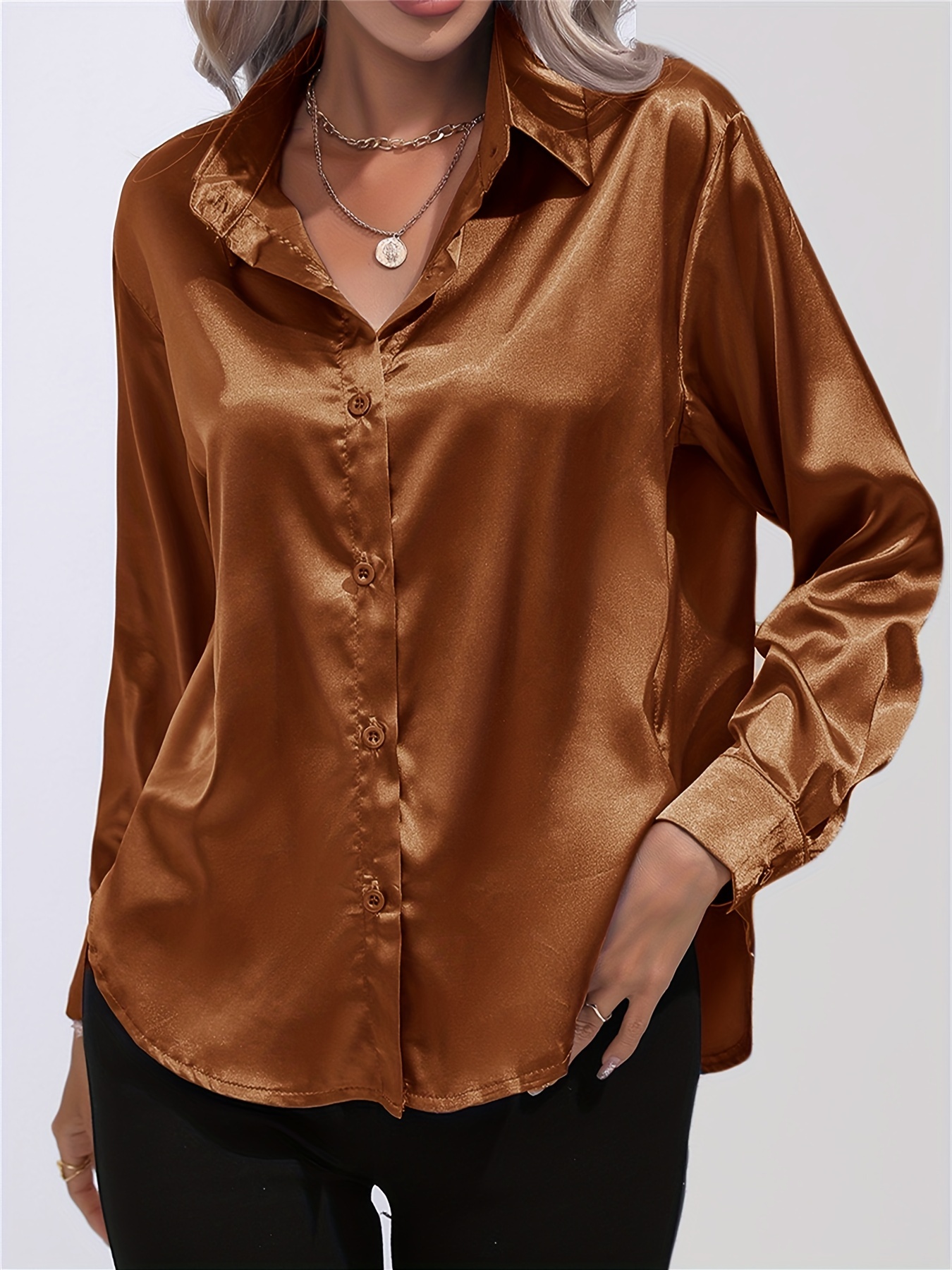 solid smoothly shirt, solid smoothly shirt elegant button front turn down collar long sleeve shirt womens clothing details 55