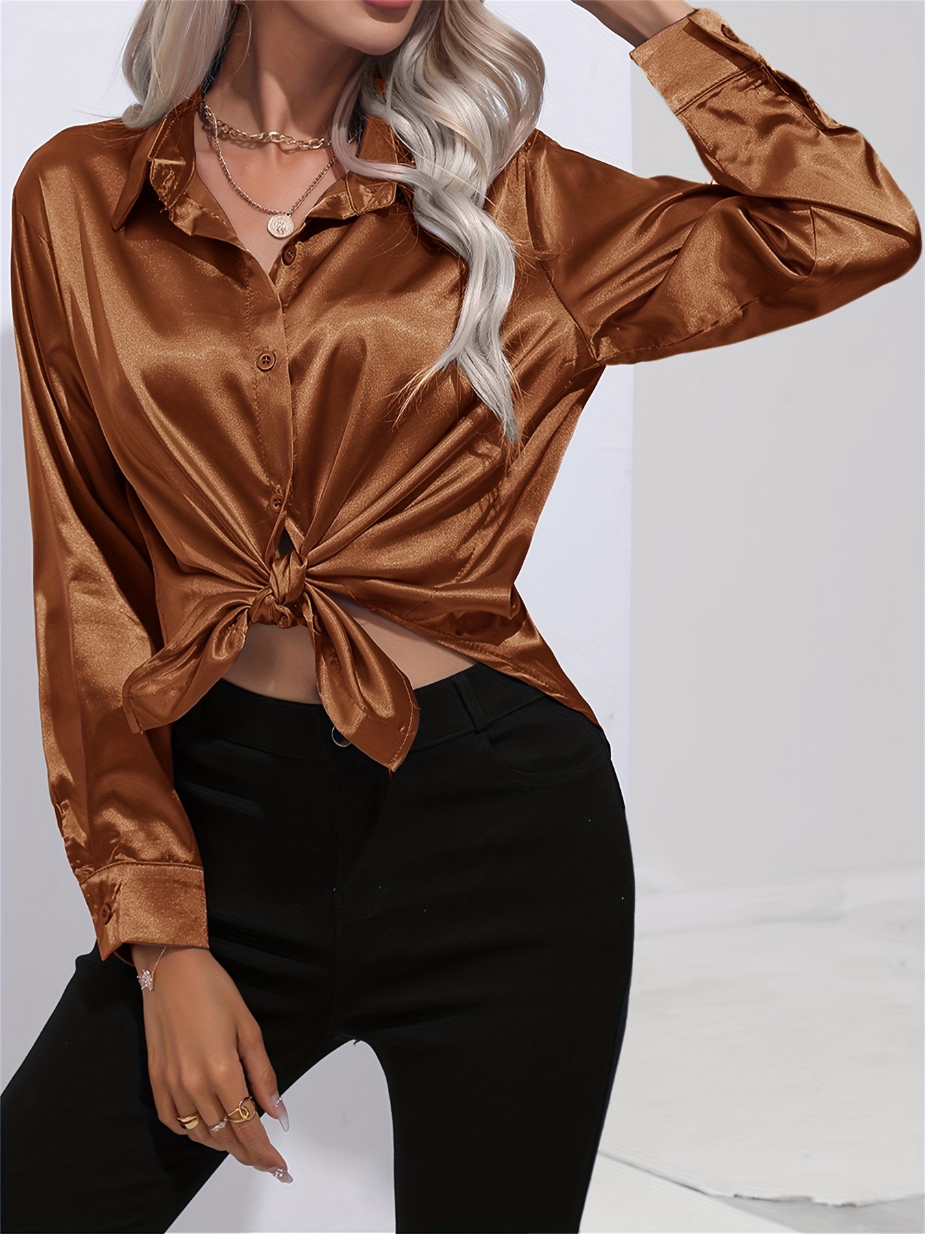 solid smoothly shirt, solid smoothly shirt elegant button front turn down collar long sleeve shirt womens clothing details 57