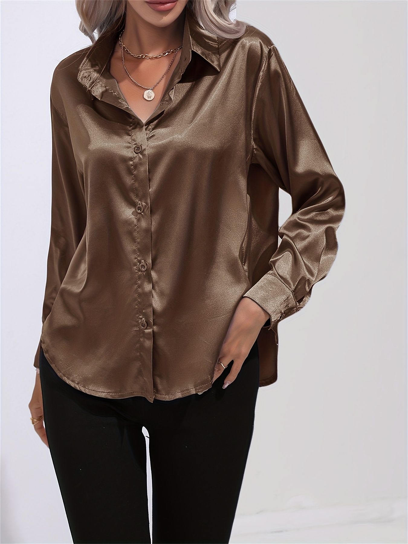 solid smoothly shirt, solid smoothly shirt elegant button front turn down collar long sleeve shirt womens clothing details 60