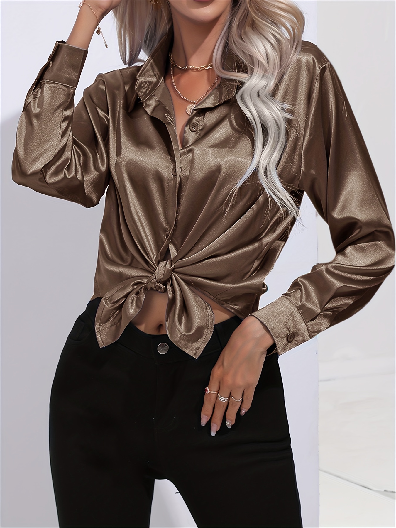 solid smoothly shirt, solid smoothly shirt elegant button front turn down collar long sleeve shirt womens clothing details 61