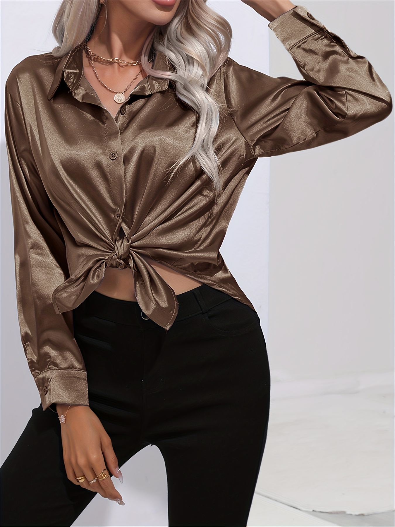 solid smoothly shirt, solid smoothly shirt elegant button front turn down collar long sleeve shirt womens clothing details 62