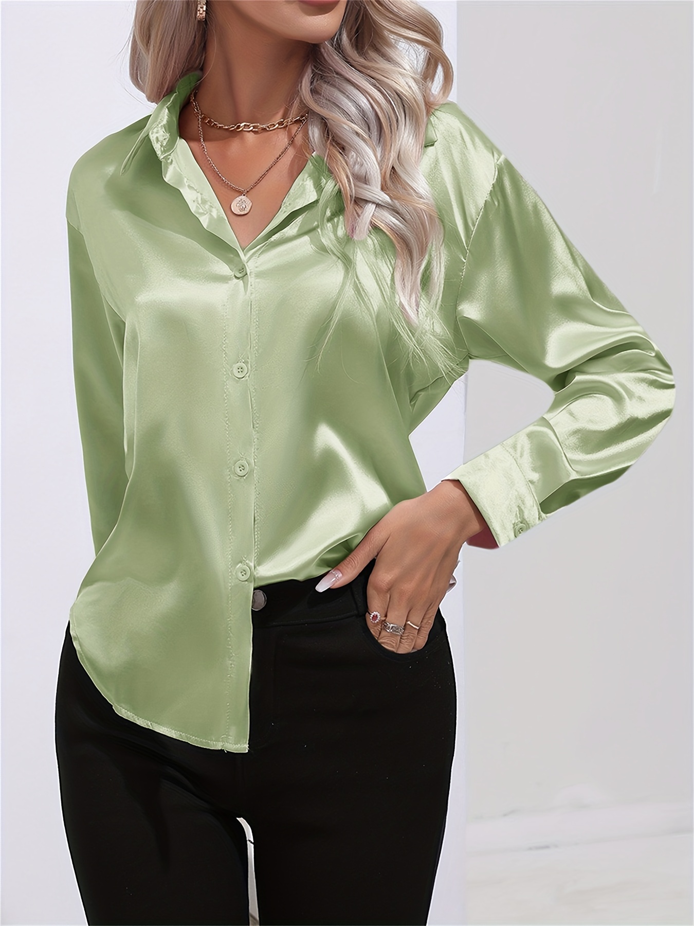 solid smoothly shirt, solid smoothly shirt elegant button front turn down collar long sleeve shirt womens clothing details 63