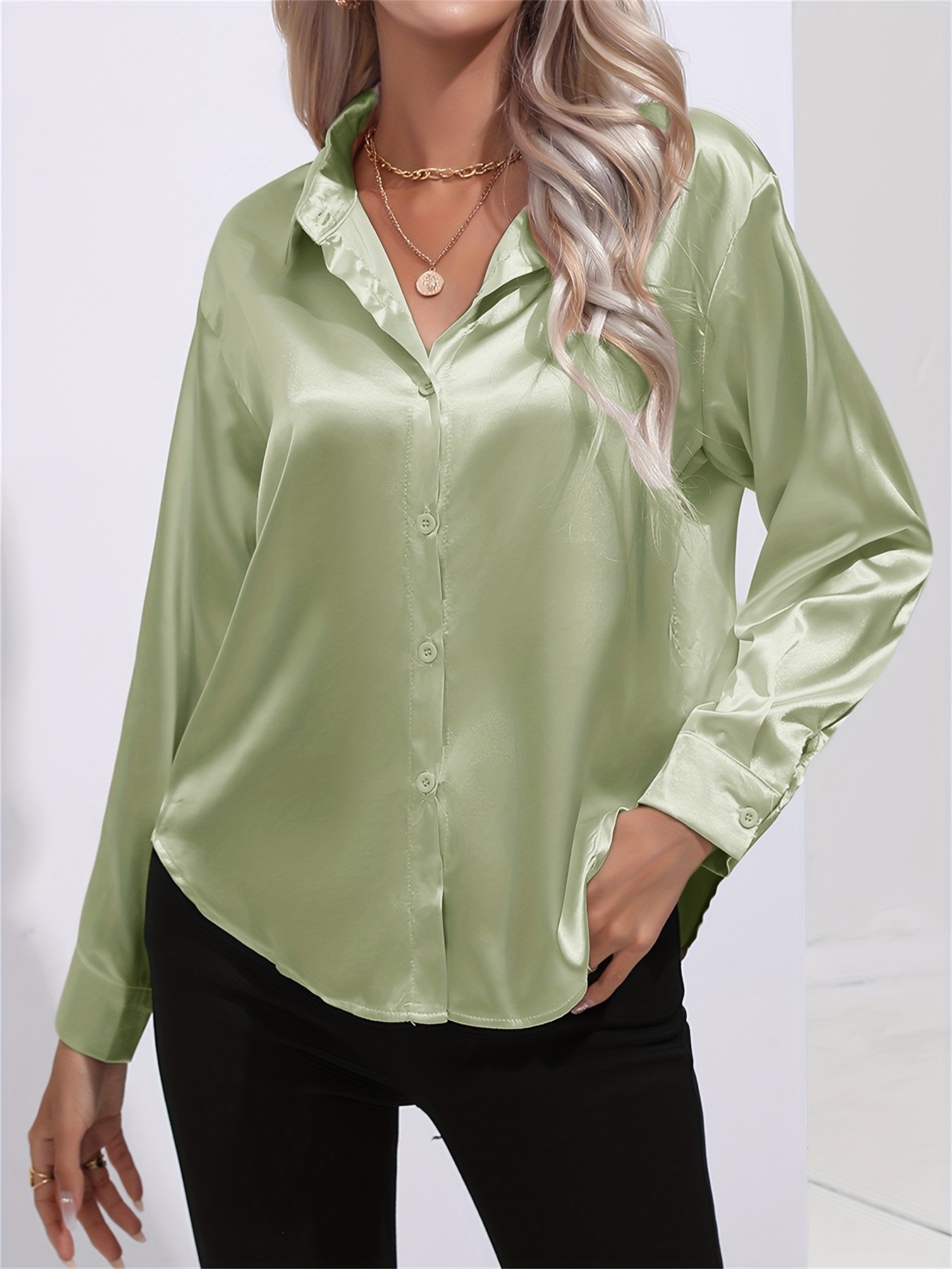 solid smoothly shirt, solid smoothly shirt elegant button front turn down collar long sleeve shirt womens clothing details 65