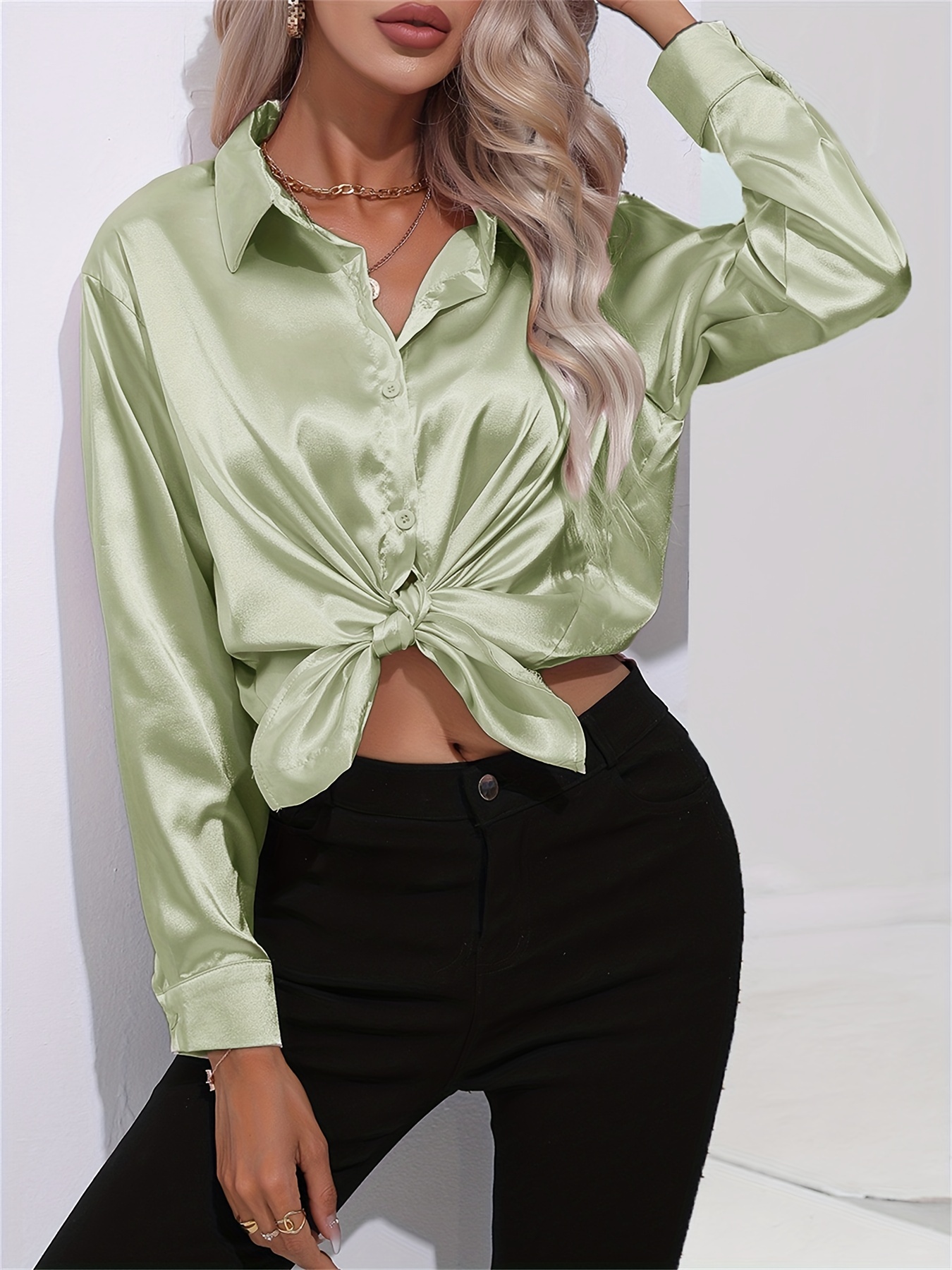 solid smoothly shirt, solid smoothly shirt elegant button front turn down collar long sleeve shirt womens clothing details 67