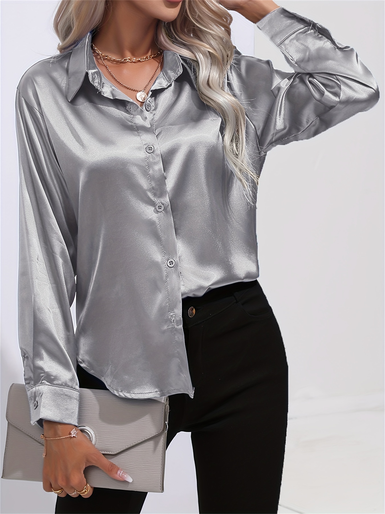solid smoothly shirt, solid smoothly shirt elegant button front turn down collar long sleeve shirt womens clothing details 68